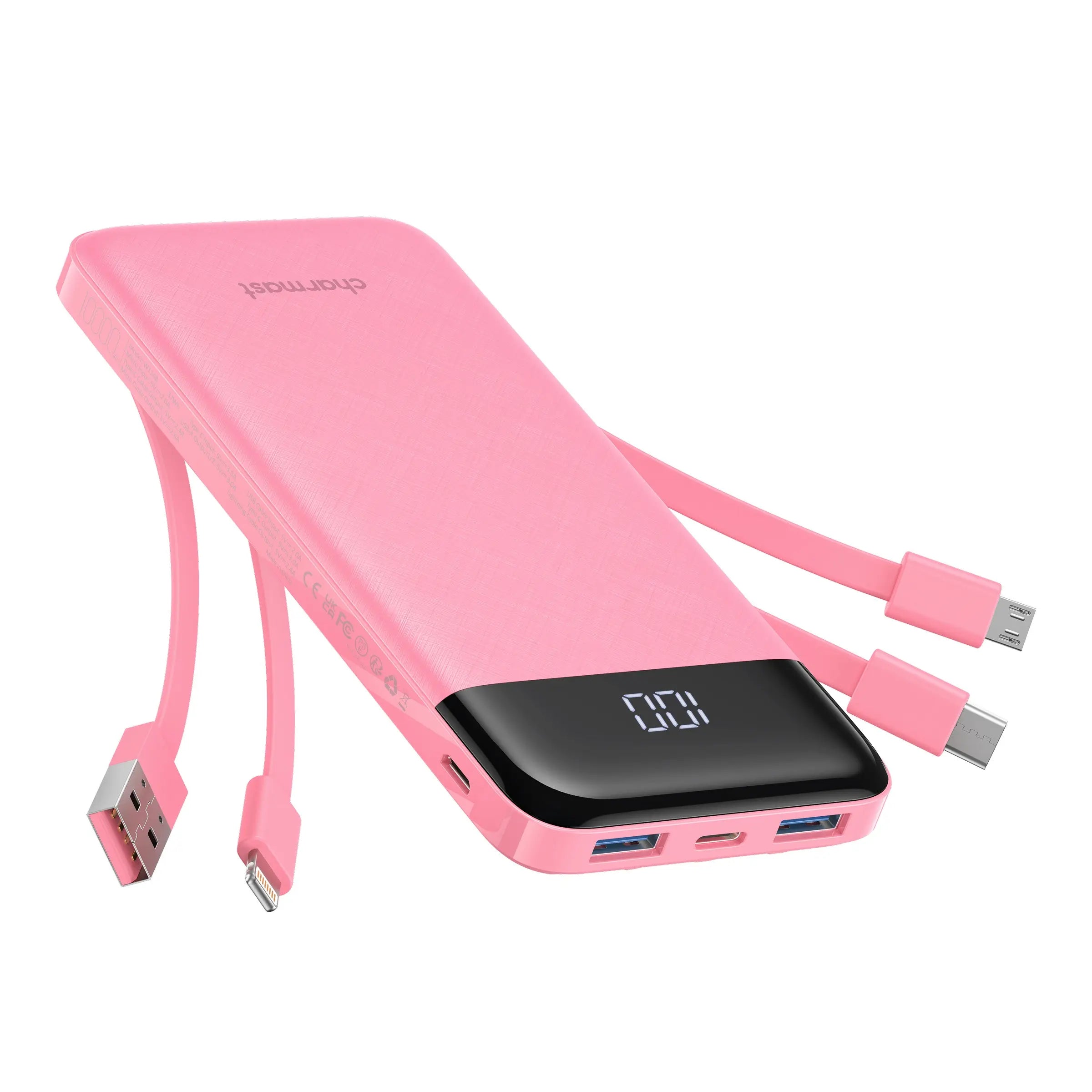 Charmast 10000mAh Slim Power Bank – Built-In Cables, 6 Outputs, 3 Inputs, 3A Fast Charging for iPhone, Android & Tablets