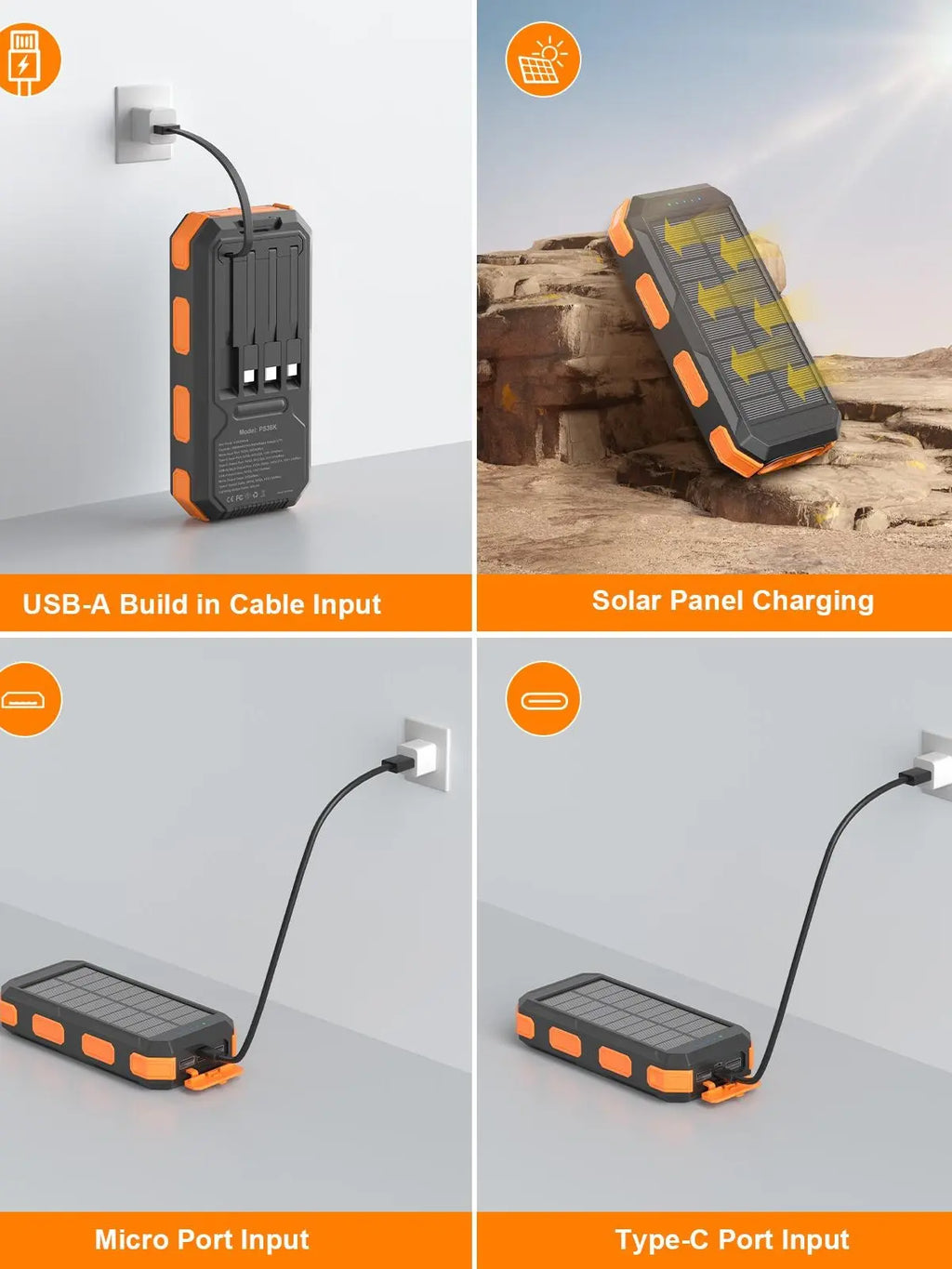 Solar Power Bank 20000–38800mAh – Portable Charger with 4 Built-In Cables, 3 Ports, USB-C Fast Charging & Dual Flashlight for Camping & Outdoor Use