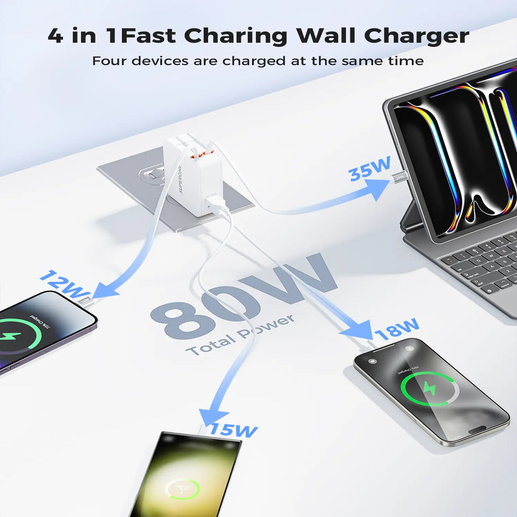 SUPERONE 4-in-1 80W Retractable Wall Charger – Foldable Plug, Dual Built-In Cables & 35W USB-C Fast Charging for iPhone & Samsung Devices