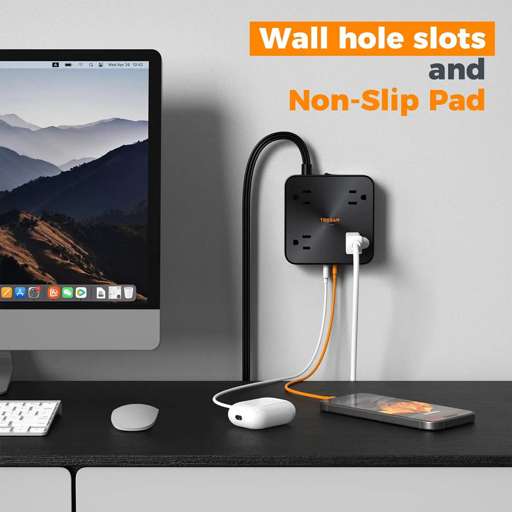 Flat Plug Surge Protector Power Strip – 30W Fast Charging, 4 Outlets & 4 USB-C, 5FT Extension Cord Wall-Mount Charging Station for Home, Office & Dorm