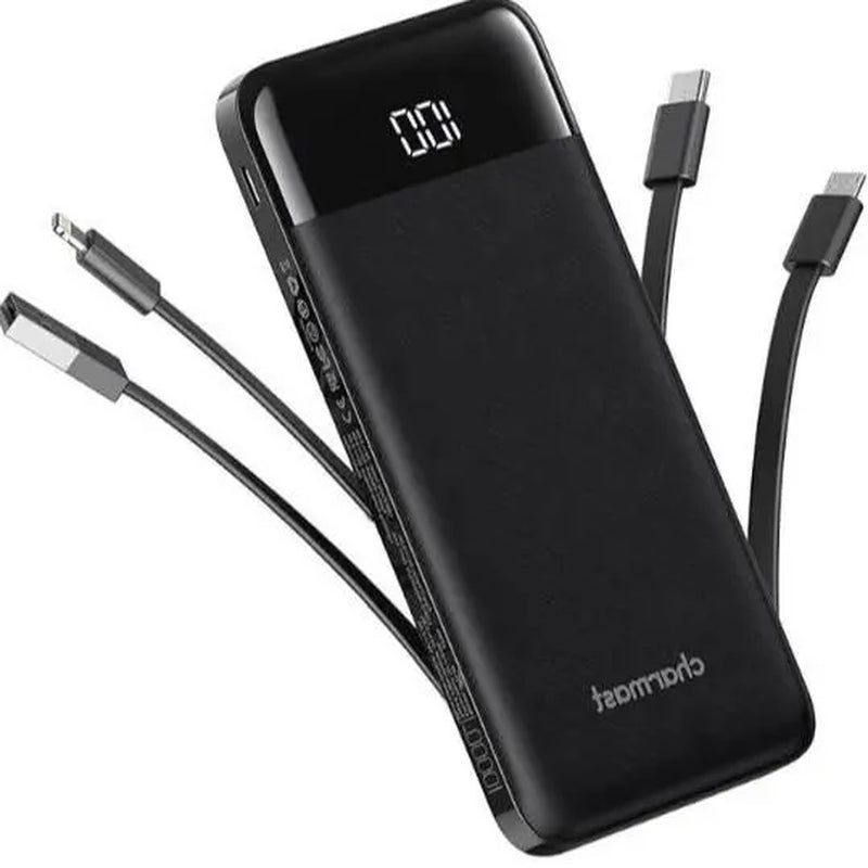 Charmast 10000mAh Slim Power Bank – Built-In Cables, 6 Outputs, 3 Inputs, 3A Fast Charging for iPhone, Android & Tablets
