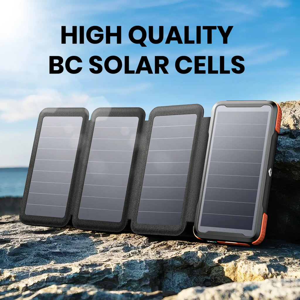 Solar Wireless Power Bank – 20W Fast Charging Portable Charger with Built-In Cables, 4 Solar Panels & Flashlight for Outdoor Camping & Travel