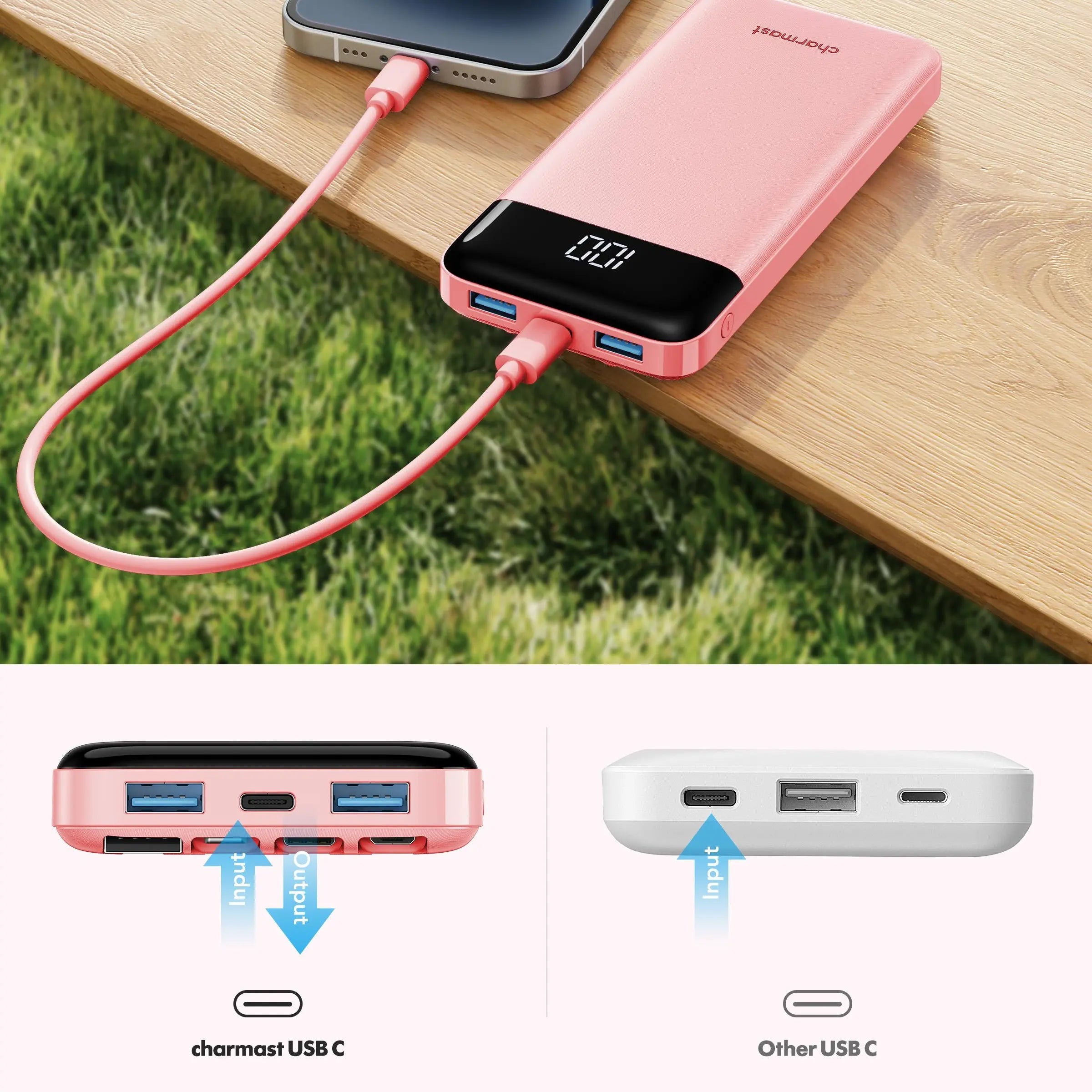Charmast 10000mAh Slim Power Bank – Built-In Cables, 6 Outputs, 3 Inputs, 3A Fast Charging for iPhone, Android & Tablets