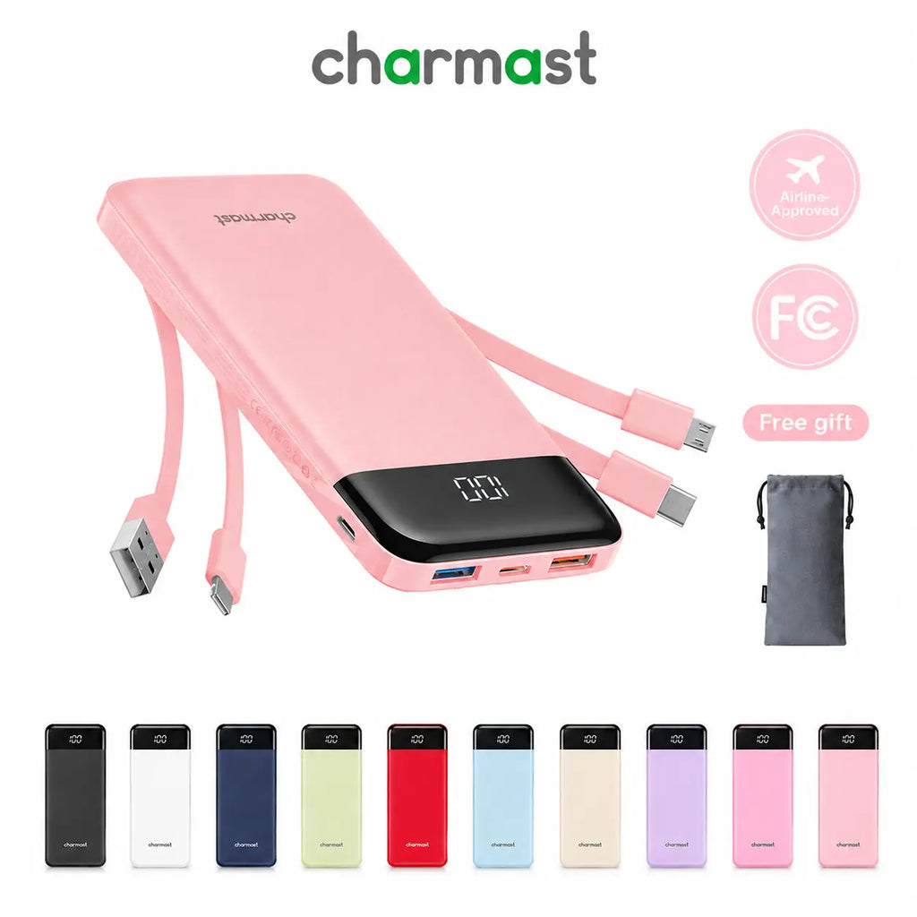 Charmast 10000mAh Slim Power Bank – Built-In Cables, 6 Outputs, 3 Inputs, 3A Fast Charging for iPhone, Android & Tablets