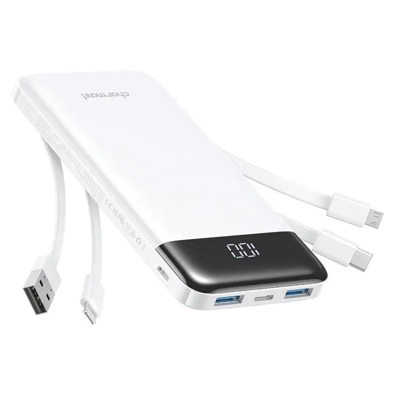 Charmast 10000mAh Slim Power Bank – Built-In Cables, 6 Outputs, 3 Inputs, 3A Fast Charging for iPhone, Android & Tablets