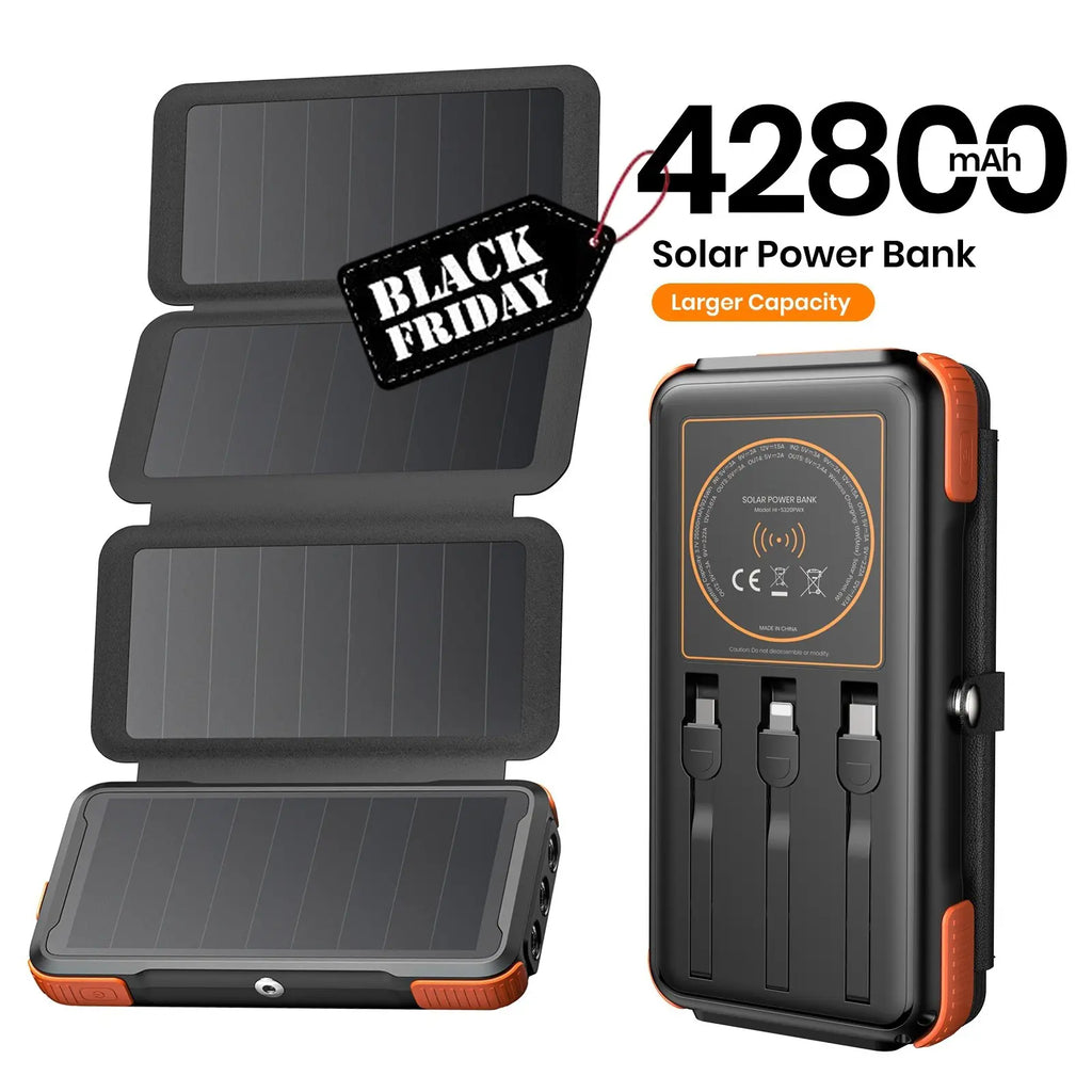 Solar Wireless Power Bank – 20W Fast Charging Portable Charger with Built-In Cables, 4 Solar Panels & Flashlight for Outdoor Camping & Travel