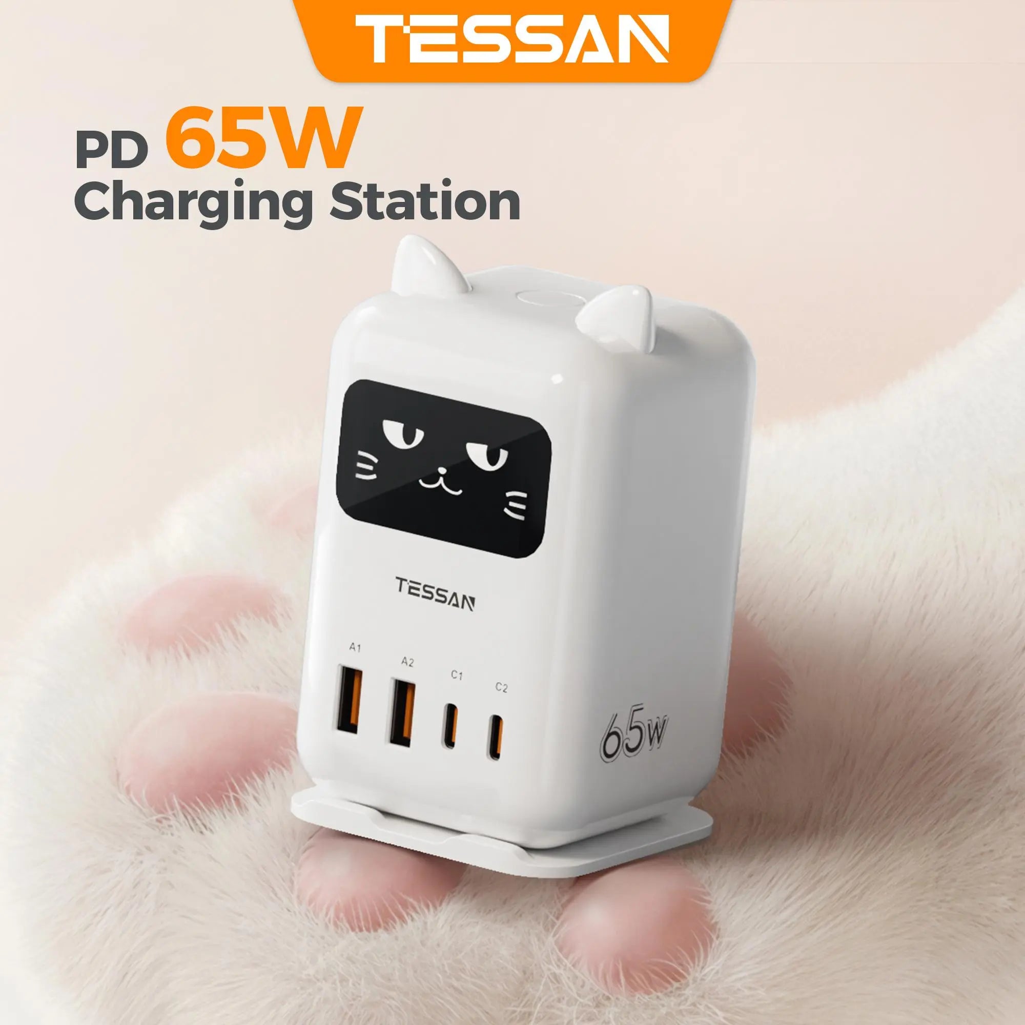 Cute Cat Charging Station – 65W PD USB-C Desktop Charger with 4 USB Ports, Compact Multi-Device Fast Charging Dock for Cellphone, Laptops & Tablets