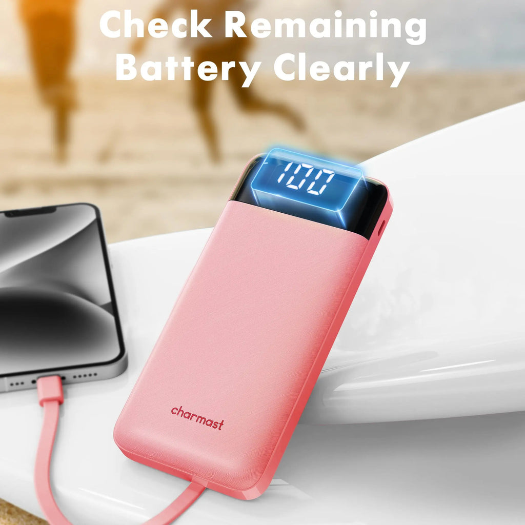 Charmast 10000mAh Slim Power Bank – Built-In Cables, 6 Outputs, 3 Inputs, 3A Fast Charging for iPhone, Android & Tablets