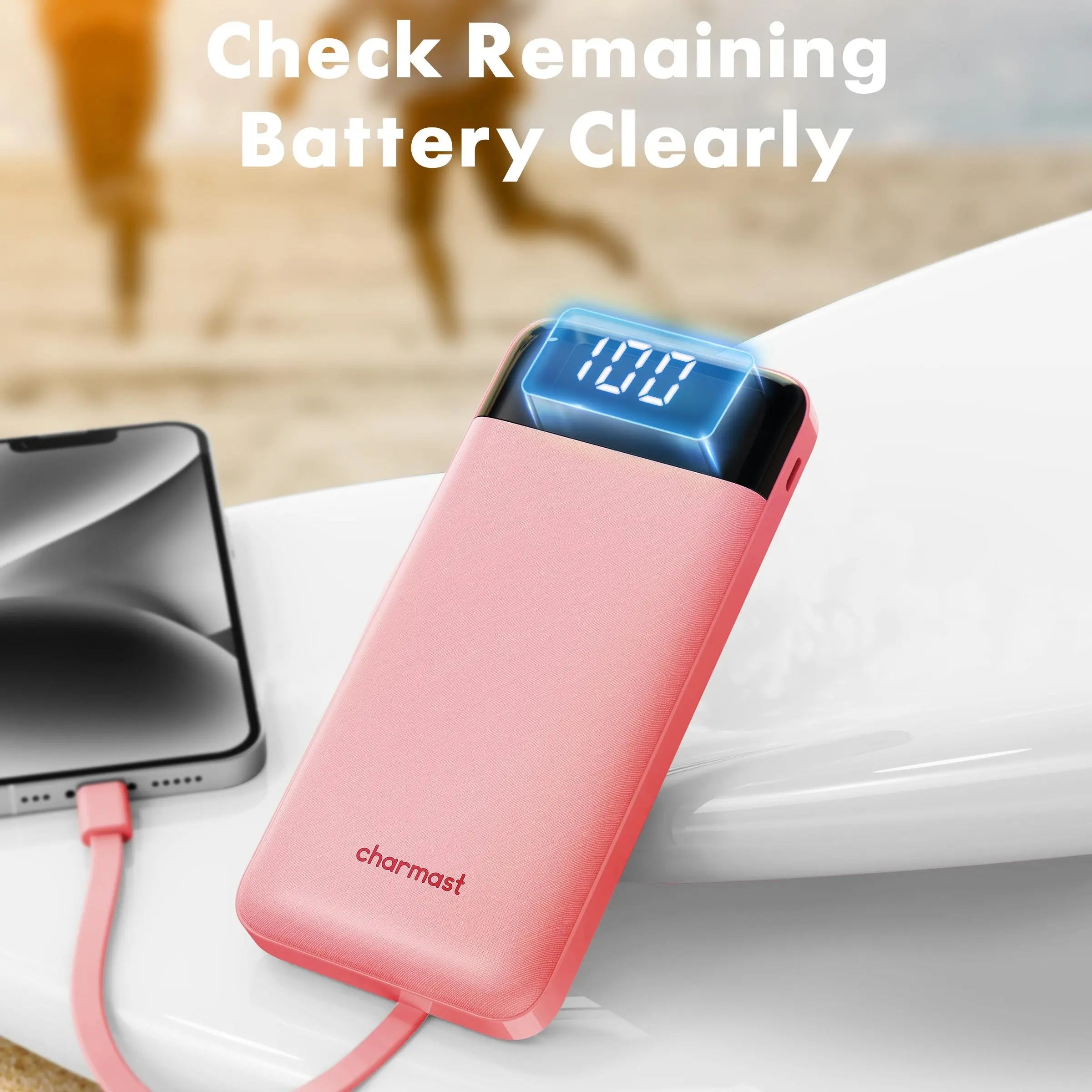 Charmast 10000mAh Slim Power Bank – Built-In Cables, 6 Outputs, 3 Inputs, 3A Fast Charging for iPhone, Android & Tablets