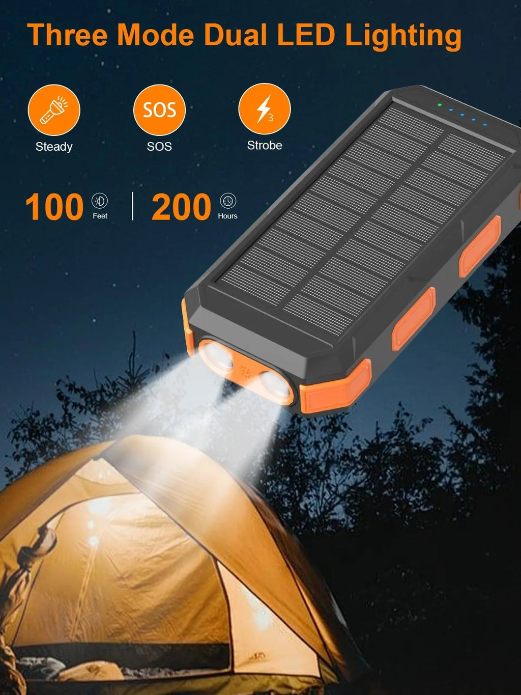 Solar Power Bank 20000–38800mAh – Portable Charger with 4 Built-In Cables, 3 Ports, USB-C Fast Charging & Dual Flashlight for Camping & Outdoor Use