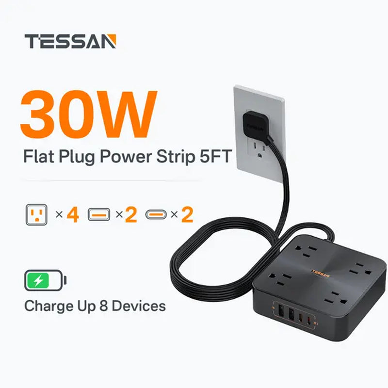Flat Plug Surge Protector Power Strip – 30W Fast Charging, 4 Outlets & 4 USB-C, 5FT Extension Cord Wall-Mount Charging Station for Home, Office & Dorm