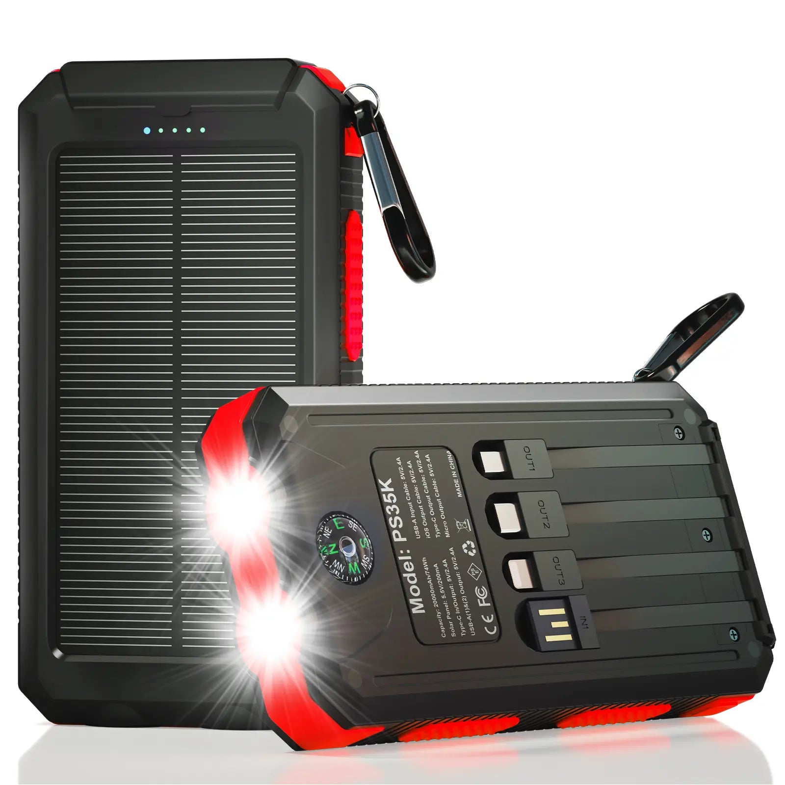 Solar Power Bank 20000–38800mAh – Portable Charger with 4 Built-In Cables, 3 Ports, USB-C Fast Charging & Dual Flashlight for Camping & Outdoor Use