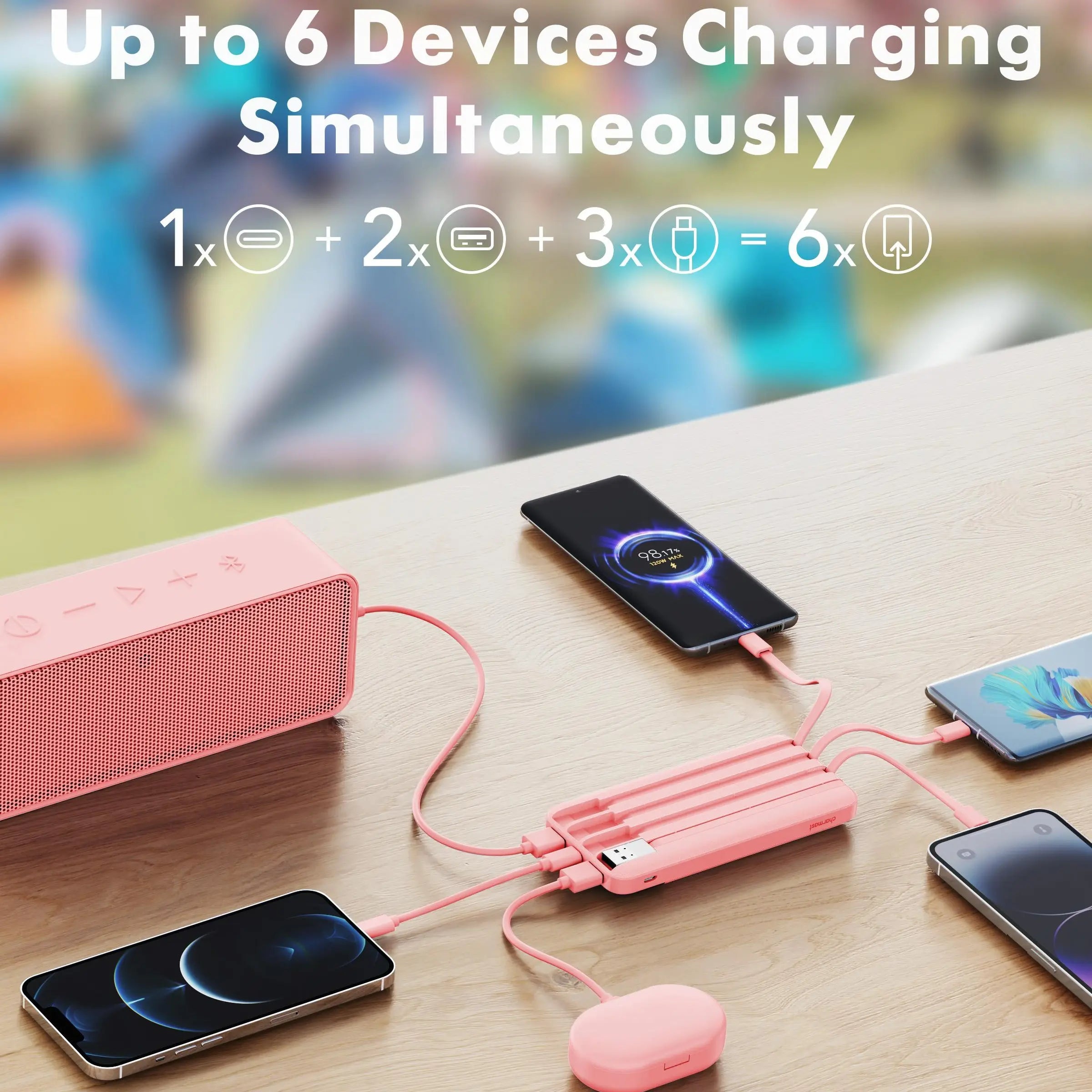 Charmast 10000mAh Slim Power Bank – Built-In Cables, 6 Outputs, 3 Inputs, 3A Fast Charging for iPhone, Android & Tablets