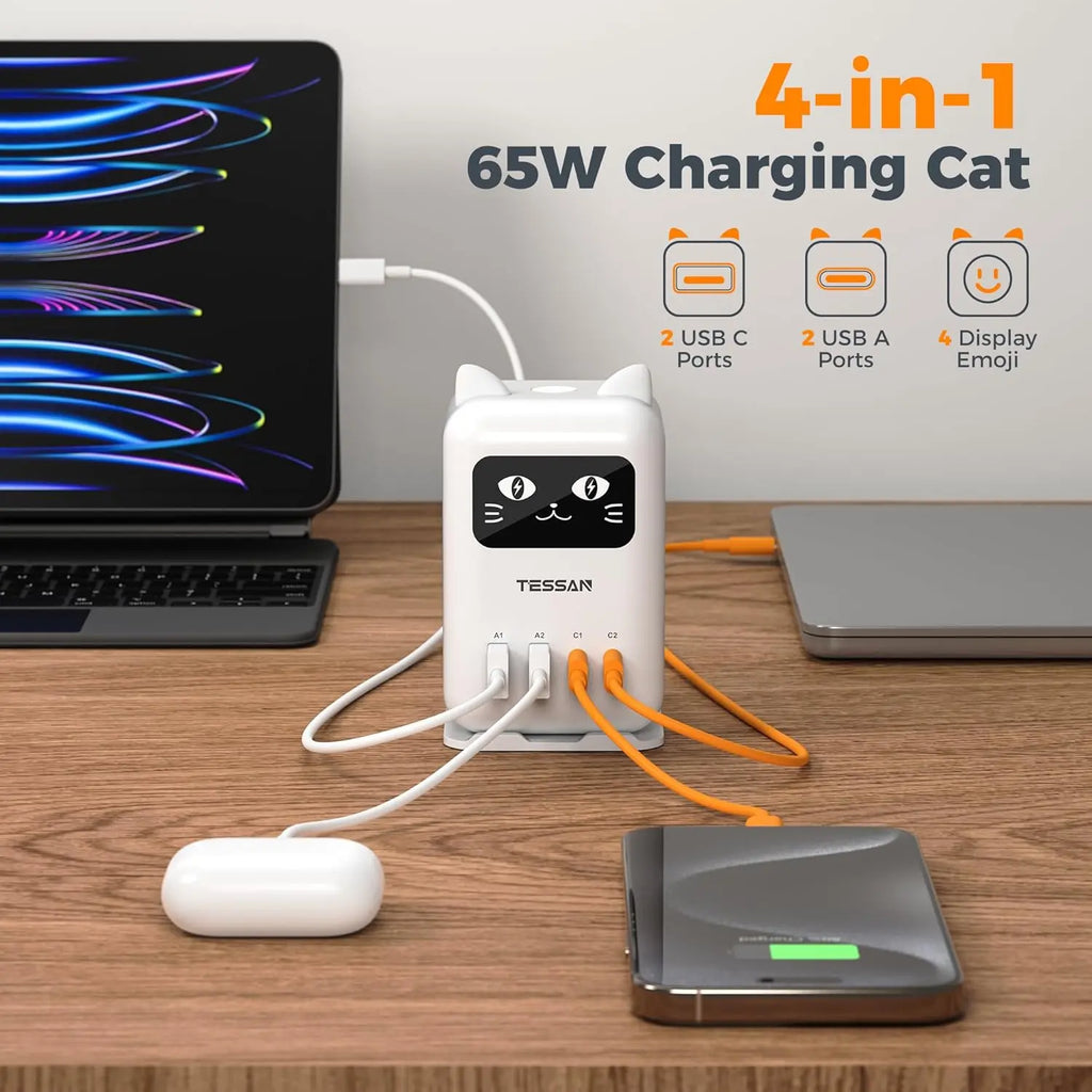 Cute Cat Charging Station – 65W PD USB-C Desktop Charger with 4 USB Ports, Compact Multi-Device Fast Charging Dock for Cellphone, Laptops & Tablets