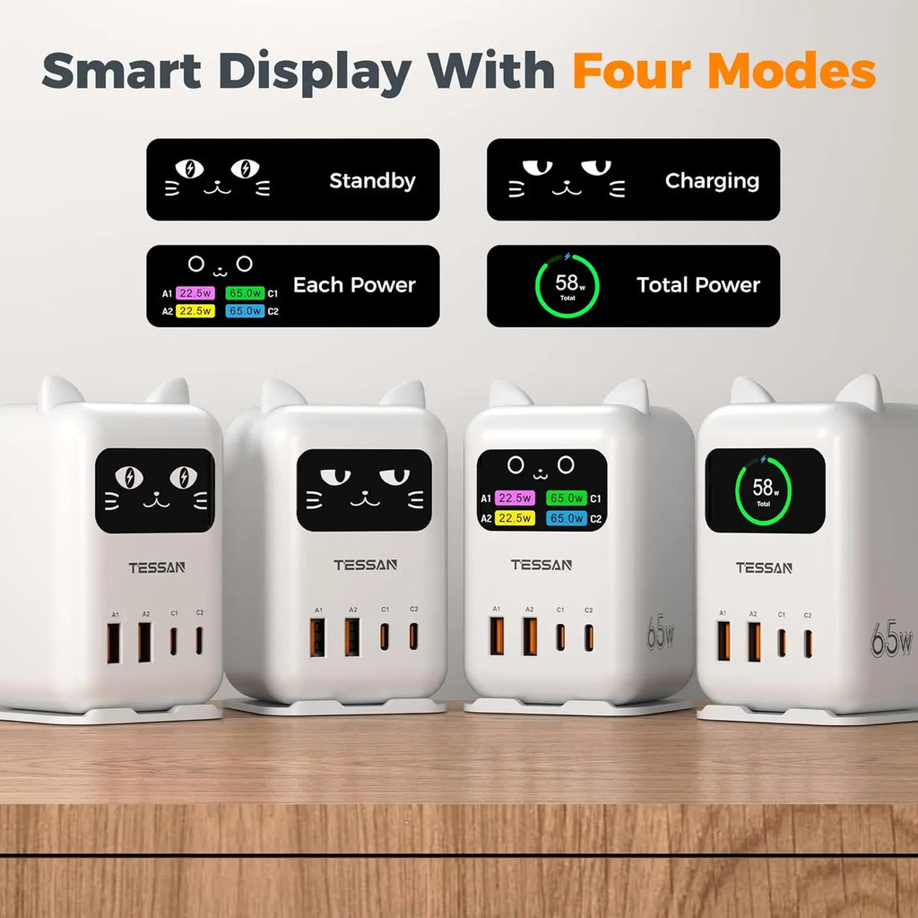 Cute Cat Charging Station – 65W PD USB-C Desktop Charger with 4 USB Ports, Compact Multi-Device Fast Charging Dock for Cellphone, Laptops & Tablets