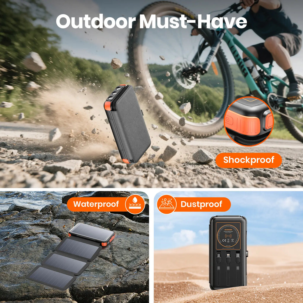 Solar Wireless Power Bank – 20W Fast Charging Portable Charger with Built-In Cables, 4 Solar Panels & Flashlight for Outdoor Camping & Travel