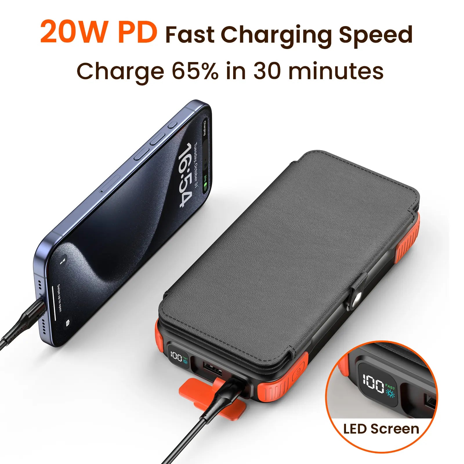 Solar Wireless Power Bank – 20W Fast Charging Portable Charger with Built-In Cables, 4 Solar Panels & Flashlight for Outdoor Camping & Travel