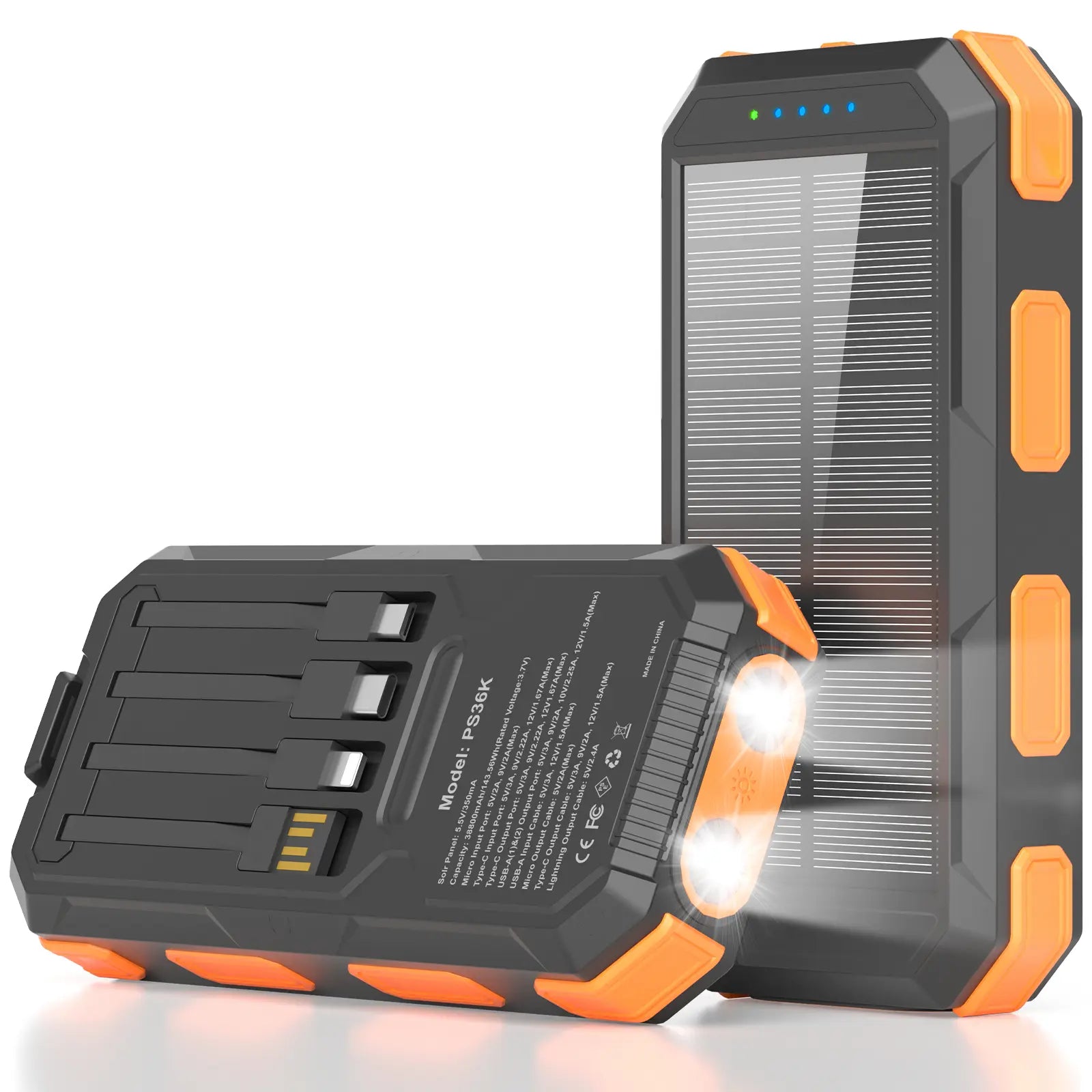 Solar Power Bank 20000–38800mAh – Portable Charger with 4 Built-In Cables, 3 Ports, USB-C Fast Charging & Dual Flashlight for Camping & Outdoor Use