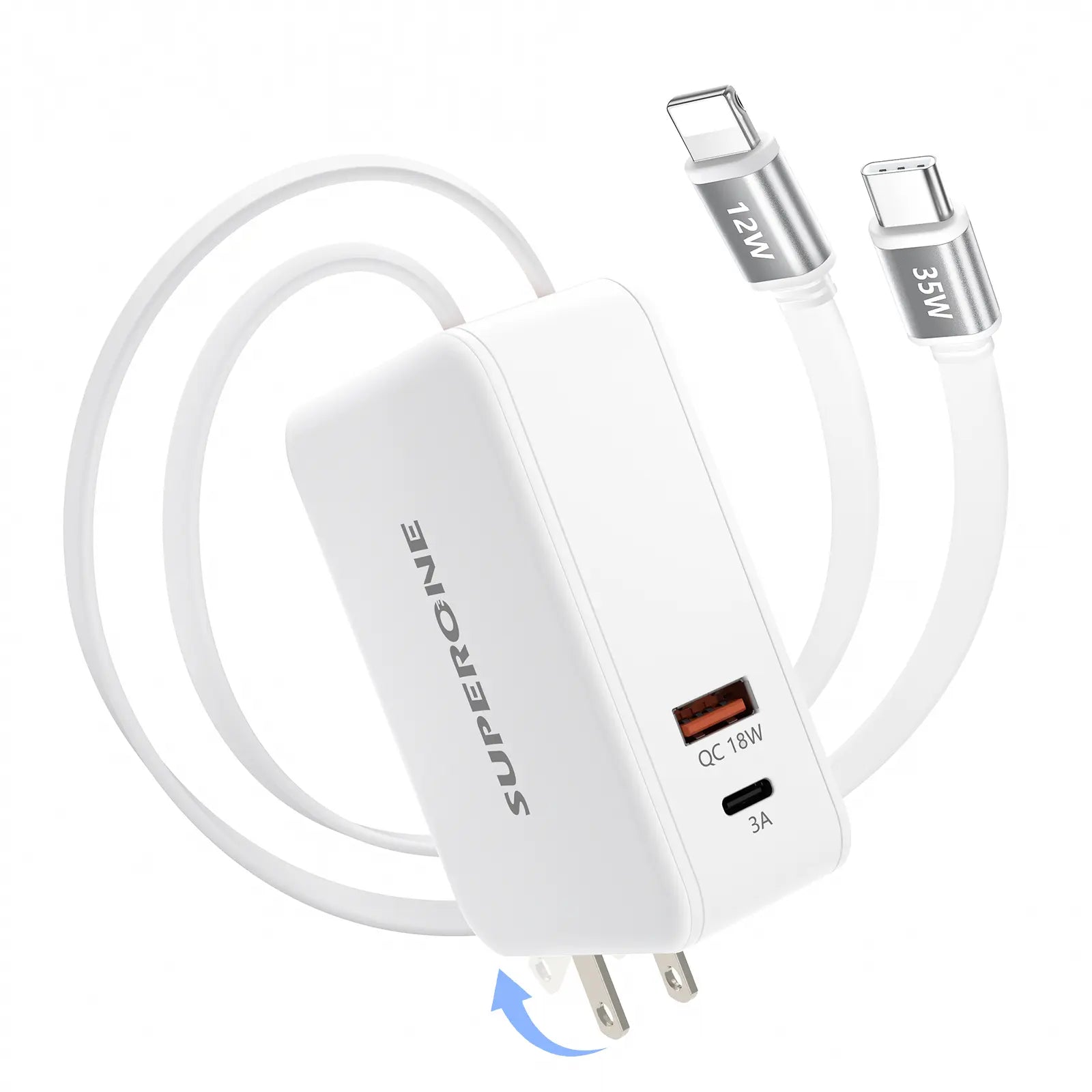 SUPERONE 4-in-1 80W Retractable Wall Charger – Foldable Plug, Dual Built-In Cables & 35W USB-C Fast Charging for iPhone & Samsung Devices