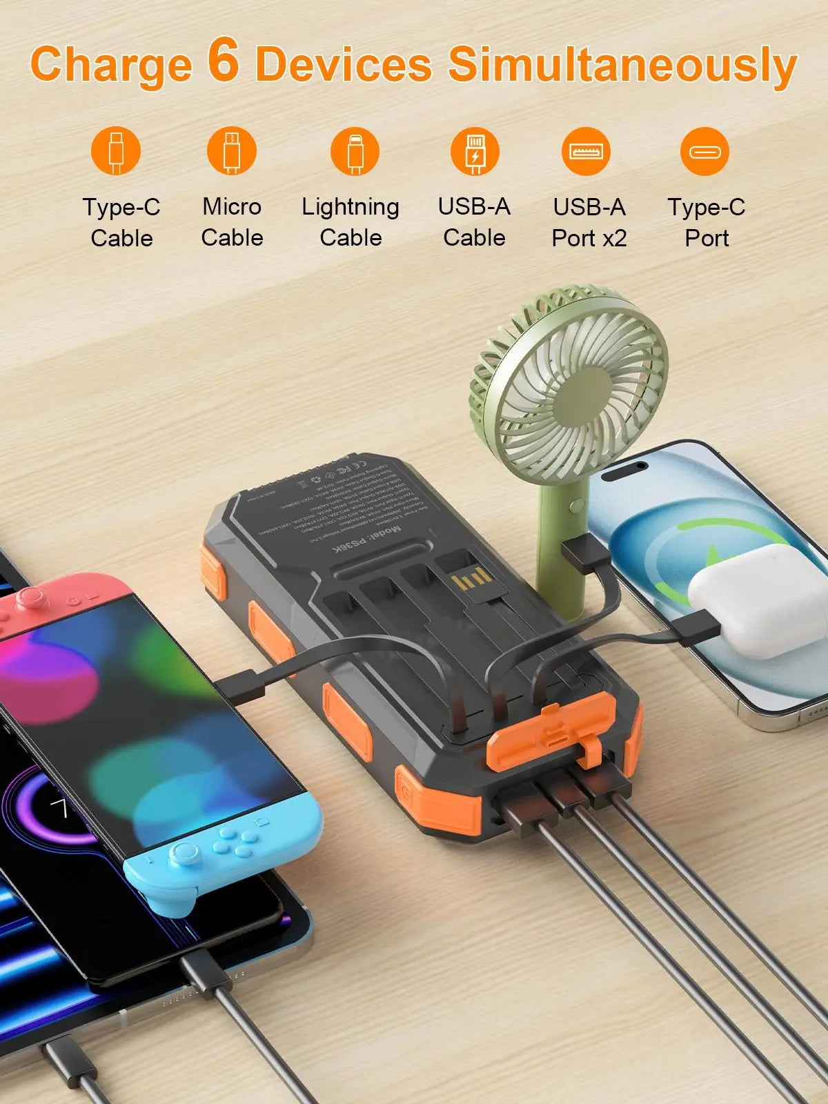 Solar Power Bank 20000–38800mAh – Portable Charger with 4 Built-In Cables, 3 Ports, USB-C Fast Charging & Dual Flashlight for Camping & Outdoor Use