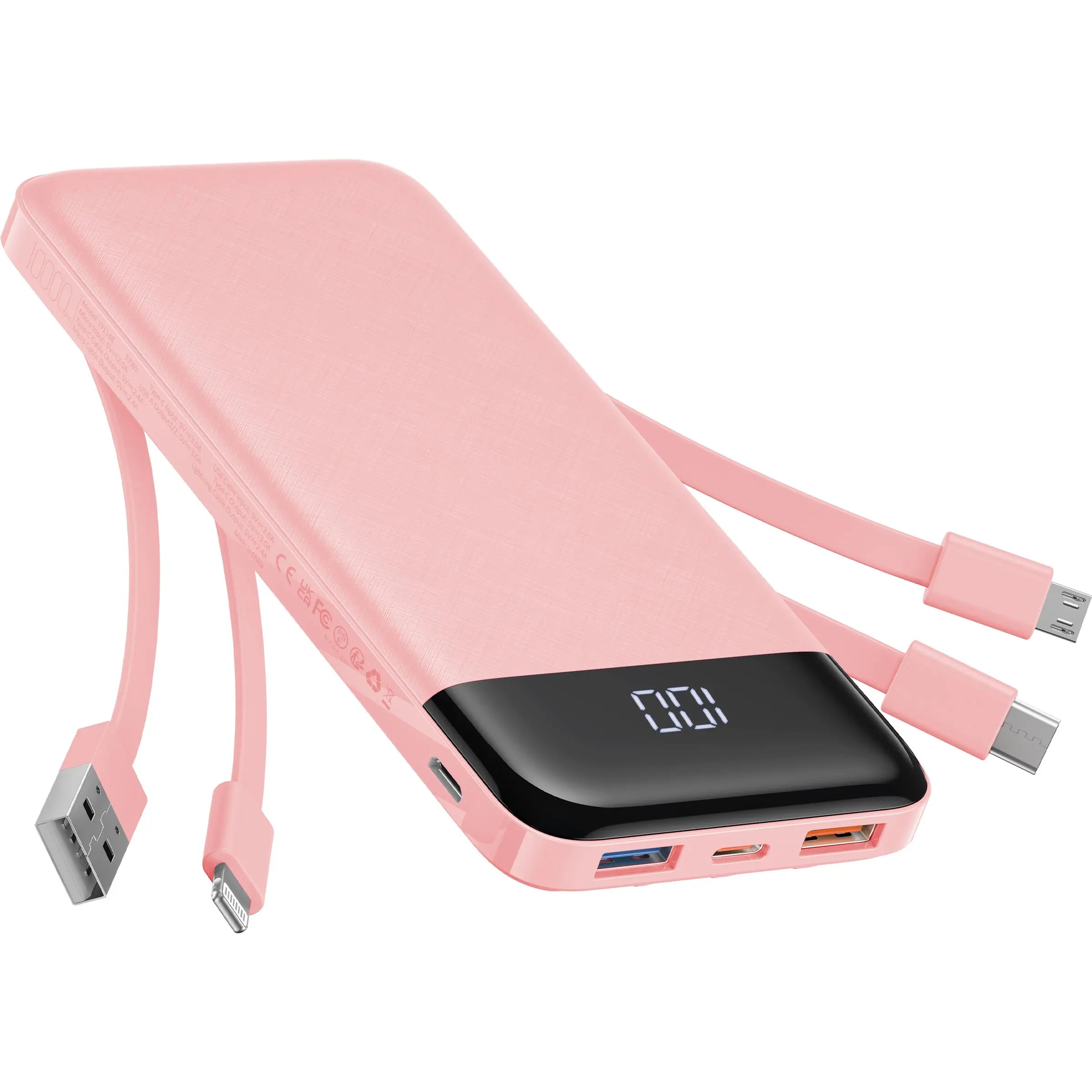Charmast 10000mAh Slim Power Bank – Built-In Cables, 6 Outputs, 3 Inputs, 3A Fast Charging for iPhone, Android & Tablets