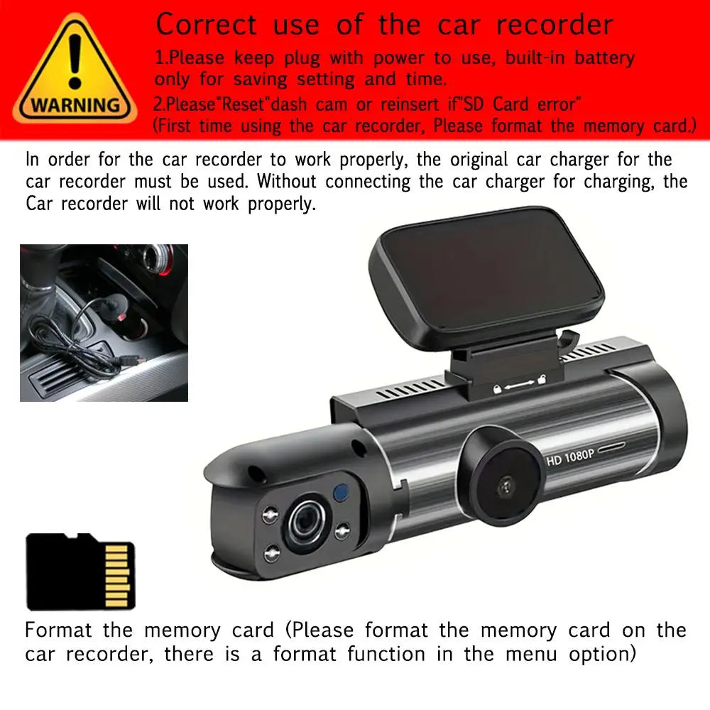 1080P Dual Lens Dash Cam – Car Dashboard Recorder with 3.16” IPS Screen, IR Night Vision & Front/Rear Recording for Vehicles