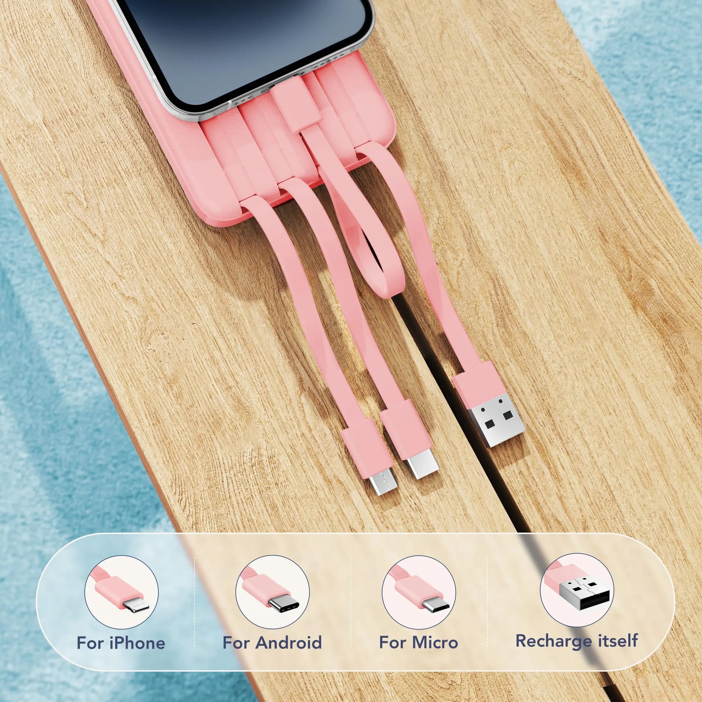 Charmast 10000mAh Slim Power Bank – Built-In Cables, 6 Outputs, 3 Inputs, 3A Fast Charging for iPhone, Android & Tablets