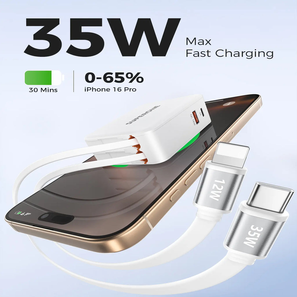 SUPERONE 4-in-1 80W Retractable Wall Charger – Foldable Plug, Dual Built-In Cables & 35W USB-C Fast Charging for iPhone & Samsung Devices