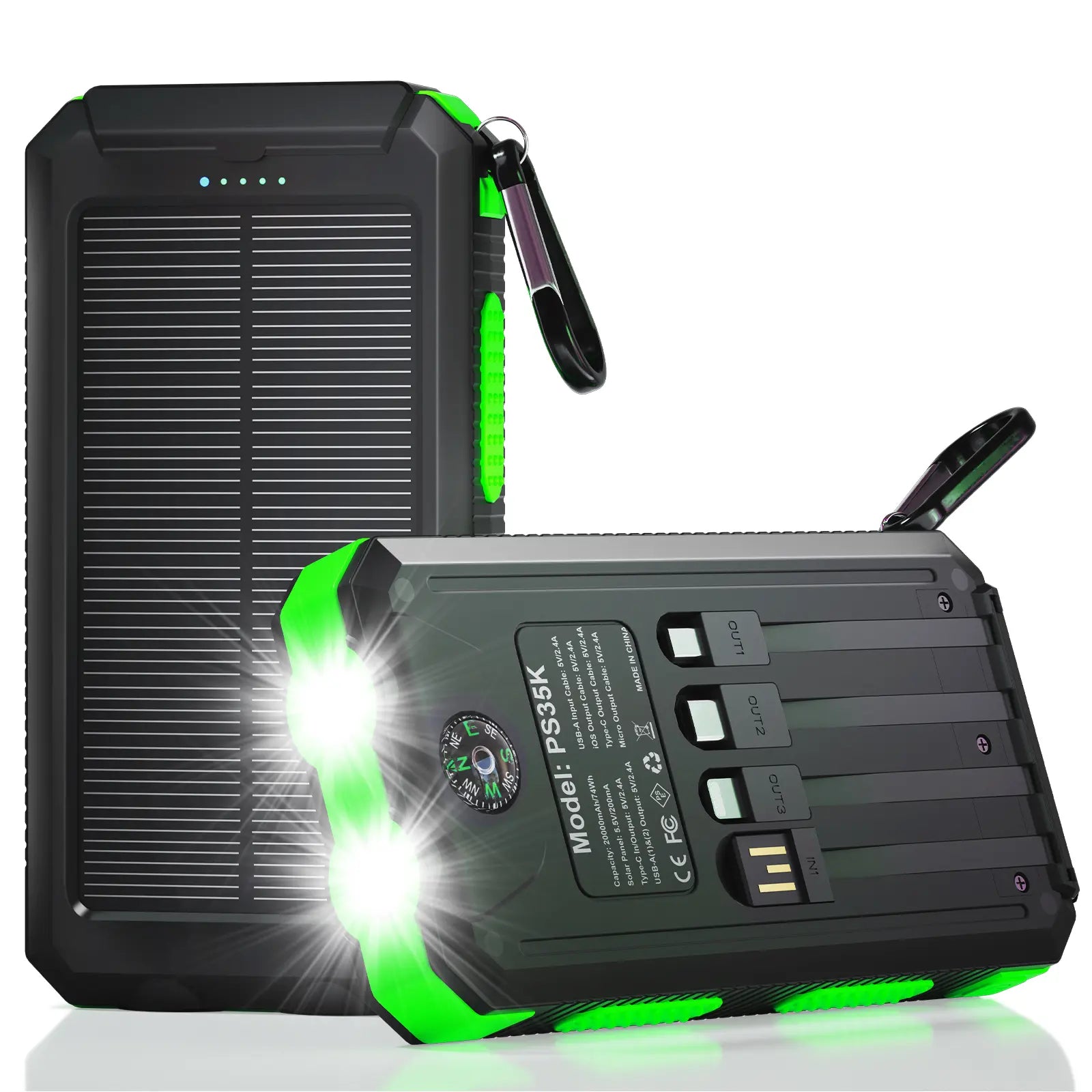 Solar Power Bank 20000–38800mAh – Portable Charger with 4 Built-In Cables, 3 Ports, USB-C Fast Charging & Dual Flashlight for Camping & Outdoor Use