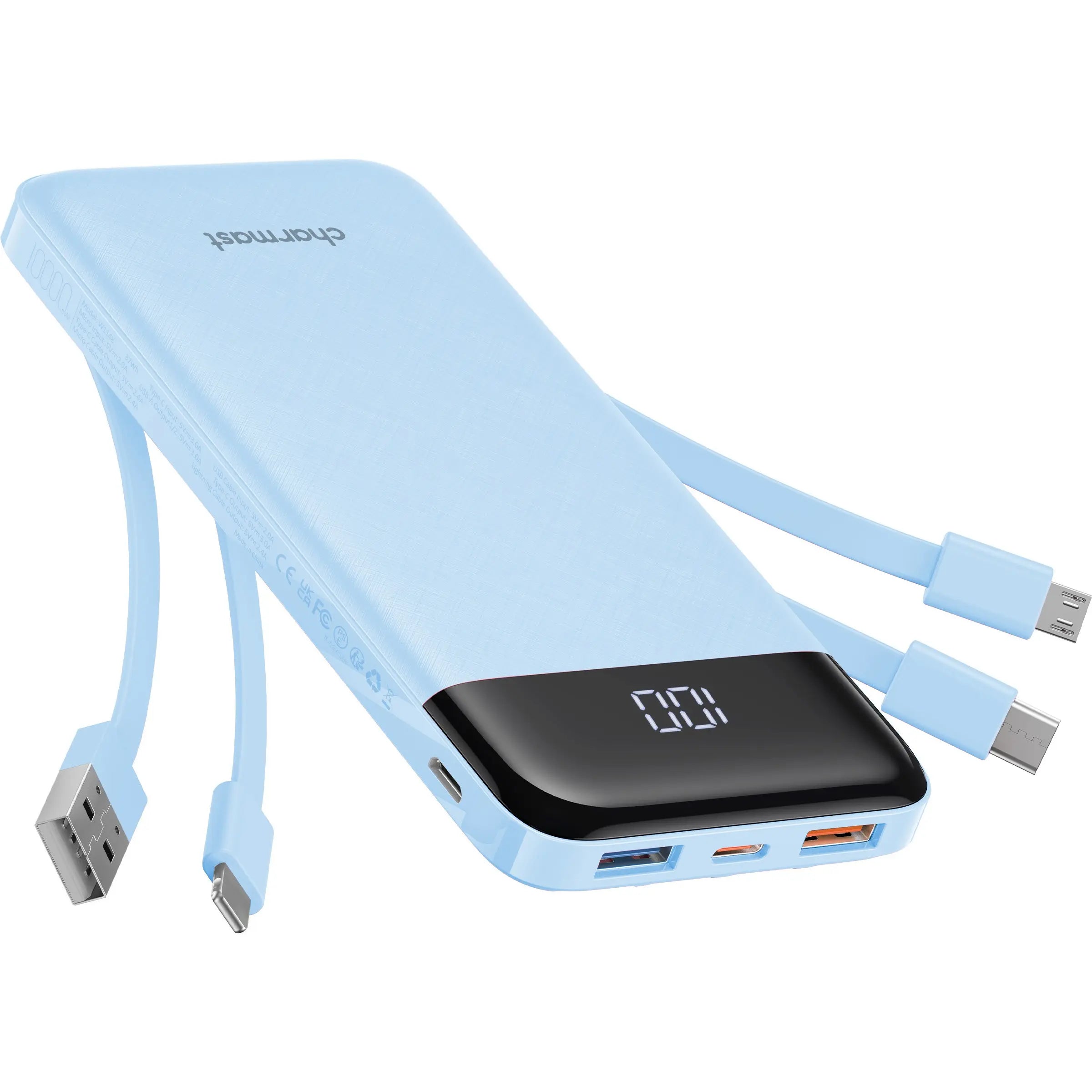 Charmast 10000mAh Slim Power Bank – Built-In Cables, 6 Outputs, 3 Inputs, 3A Fast Charging for iPhone, Android & Tablets