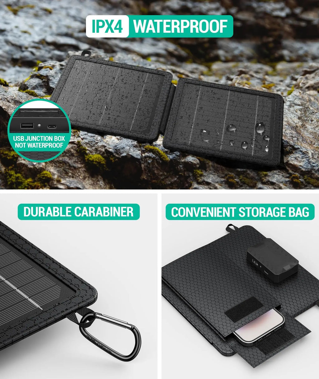 10W Solar Charger, IP65 Waterproof, Foldable with Dual USB Outputs (5V/2A Max) for Iphone, Ipad, Samsung, and More. Ideal for Outdoor Use.