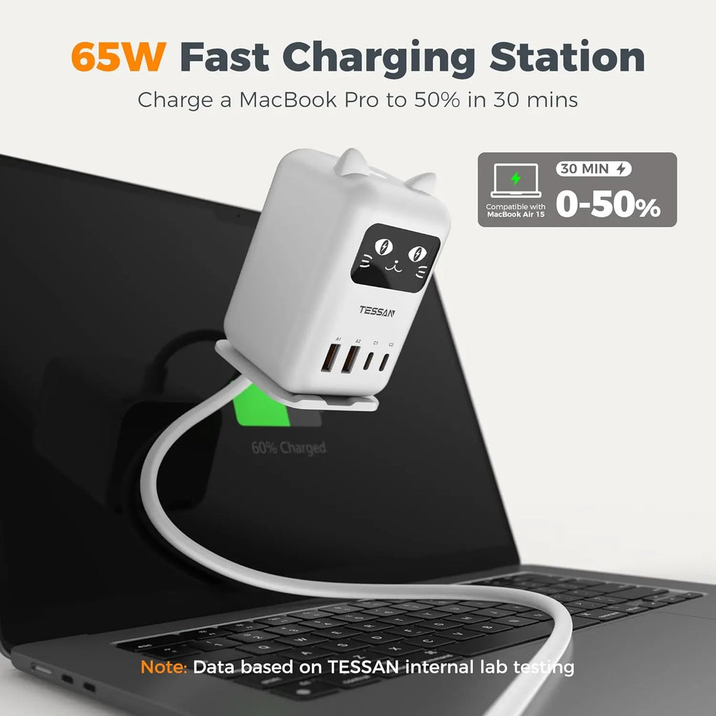Cute Cat Charging Station – 65W PD USB-C Desktop Charger with 4 USB Ports, Compact Multi-Device Fast Charging Dock for Cellphone, Laptops & Tablets