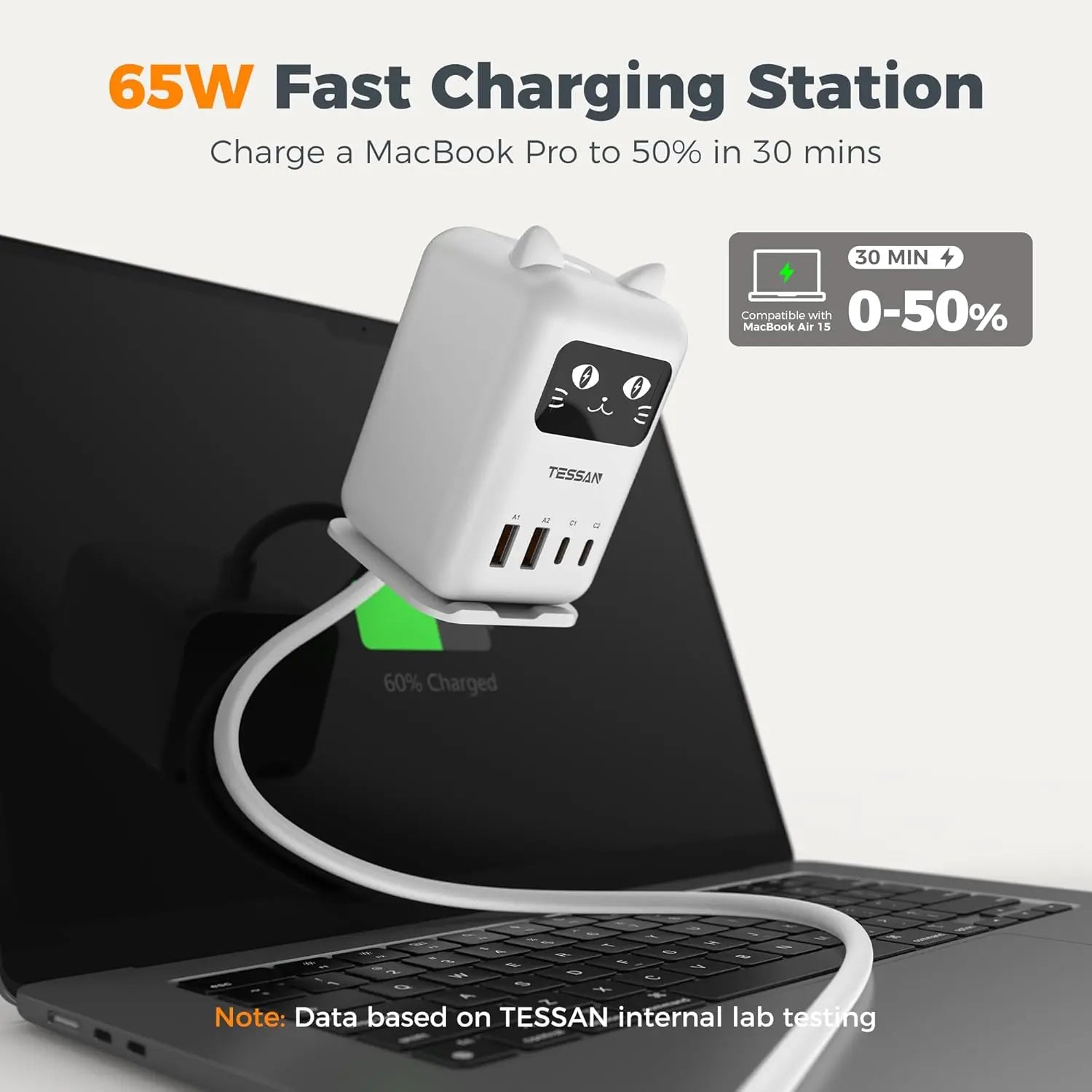 Cute Cat Charging Station – 65W PD USB-C Desktop Charger with 4 USB Ports, Compact Multi-Device Fast Charging Dock for Cellphone, Laptops & Tablets