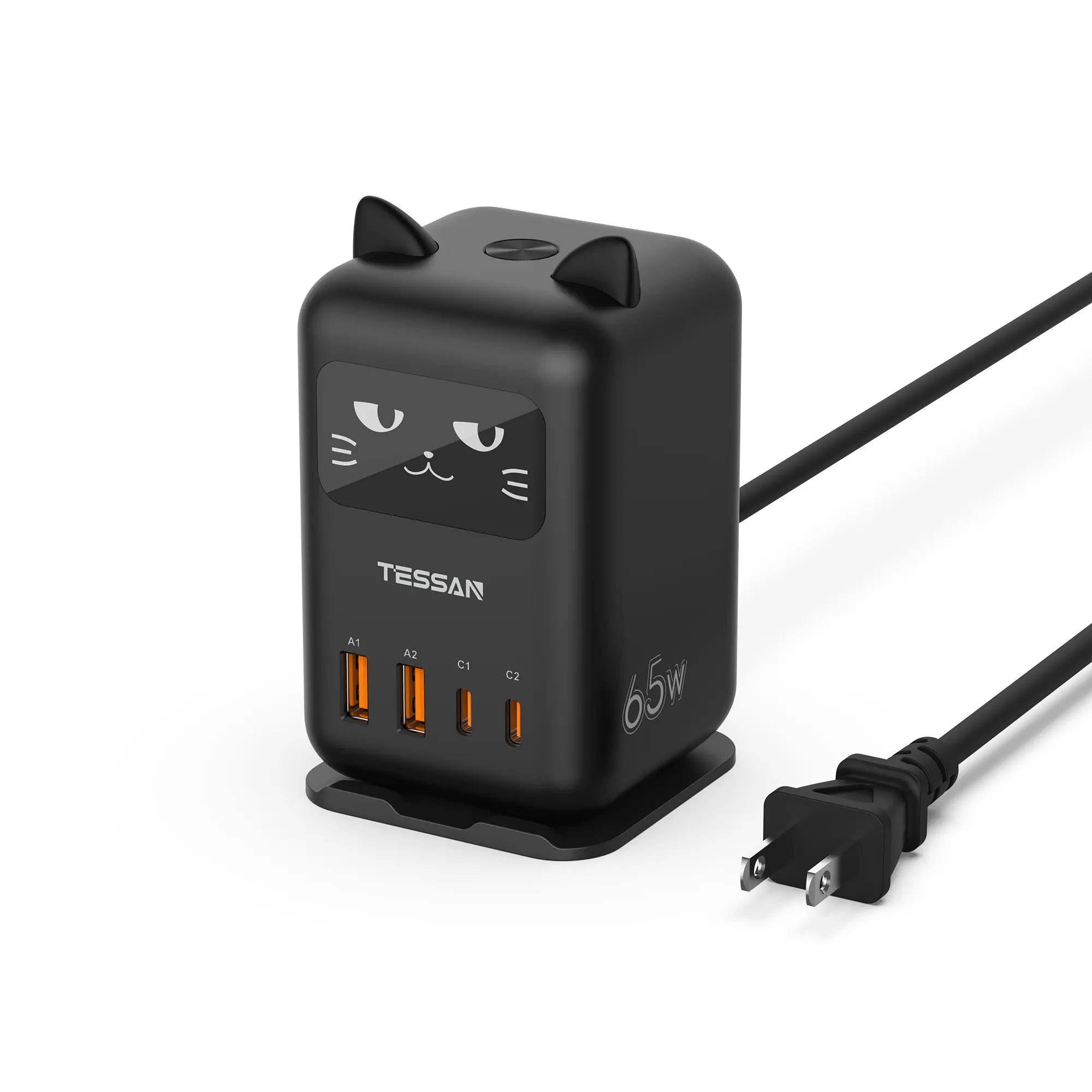 Cute Cat Charging Station – 65W PD USB-C Desktop Charger with 4 USB Ports, Compact Multi-Device Fast Charging Dock for Cellphone, Laptops & Tablets