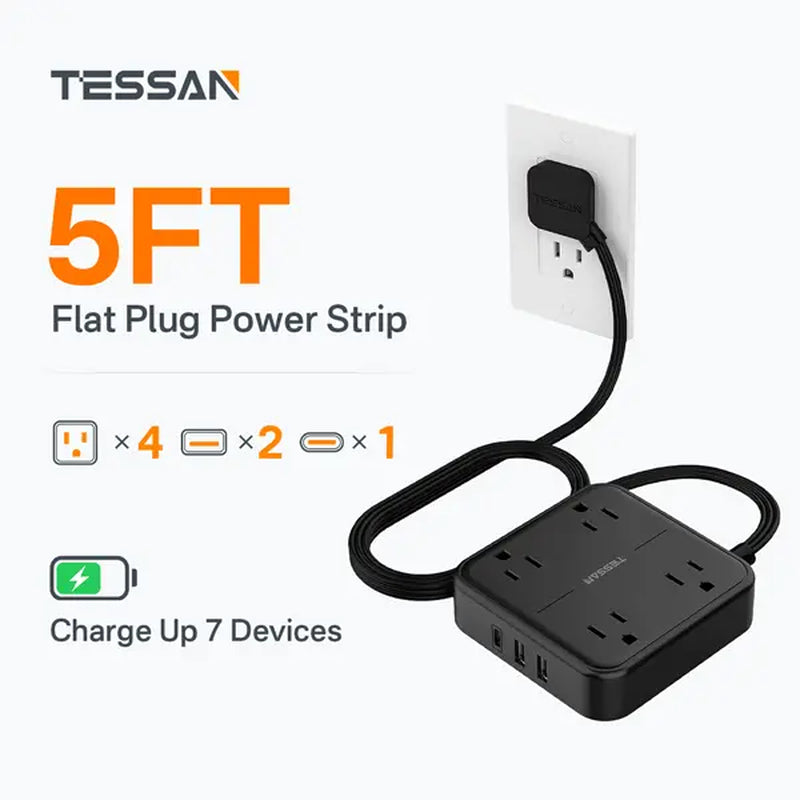 Flat Plug Surge Protector Power Strip – 30W Fast Charging, 4 Outlets & 4 USB-C, 5FT Extension Cord Wall-Mount Charging Station for Home, Office & Dorm