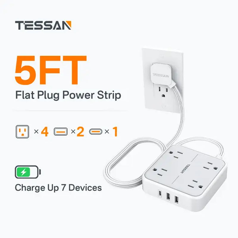 Flat Plug Surge Protector Power Strip – 30W Fast Charging, 4 Outlets & 4 USB-C, 5FT Extension Cord Wall-Mount Charging Station for Home, Office & Dorm