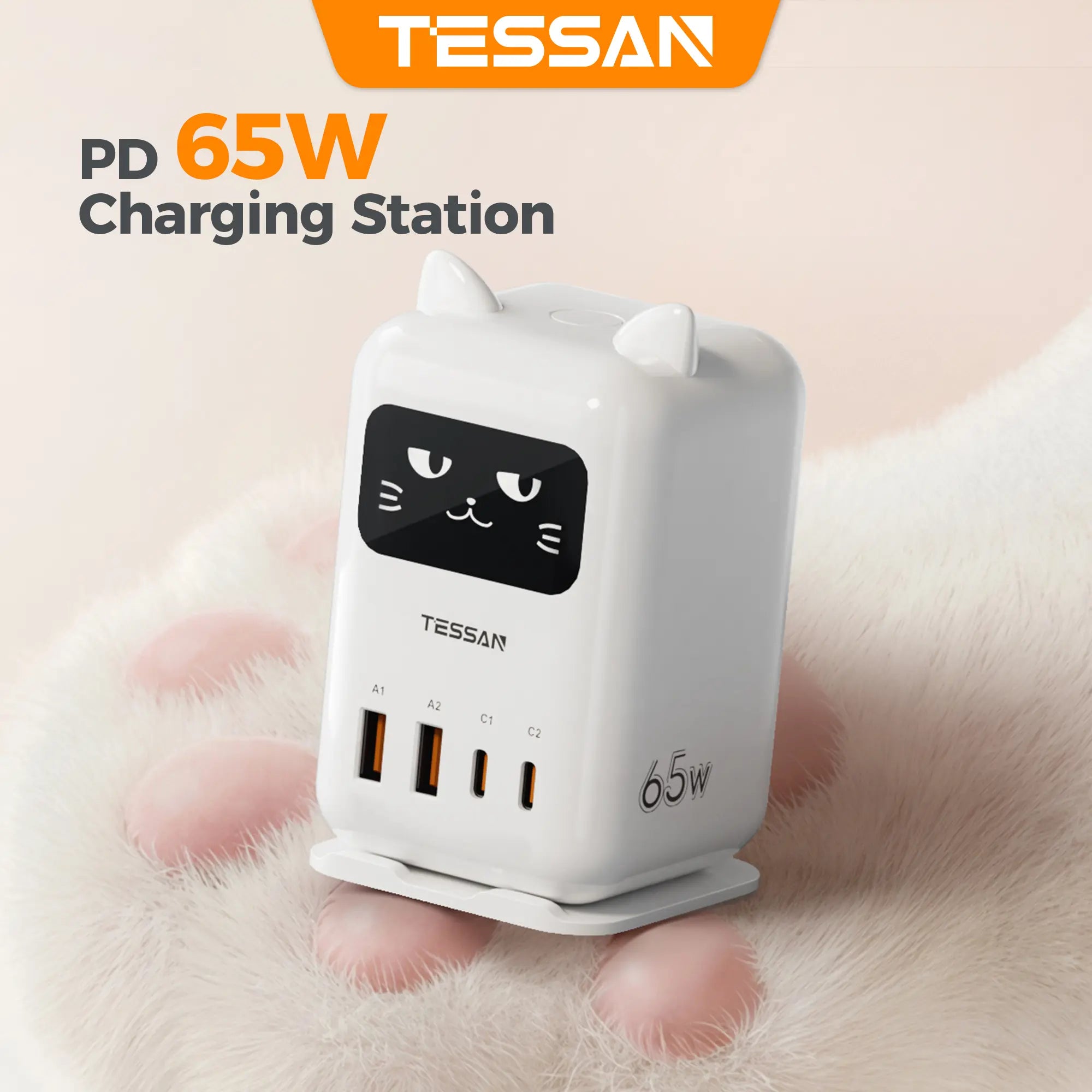 Cute Cat Charging Station – 65W PD USB-C Desktop Charger with 4 USB Ports, Compact Multi-Device Fast Charging Dock for Cellphone, Laptops & Tablets