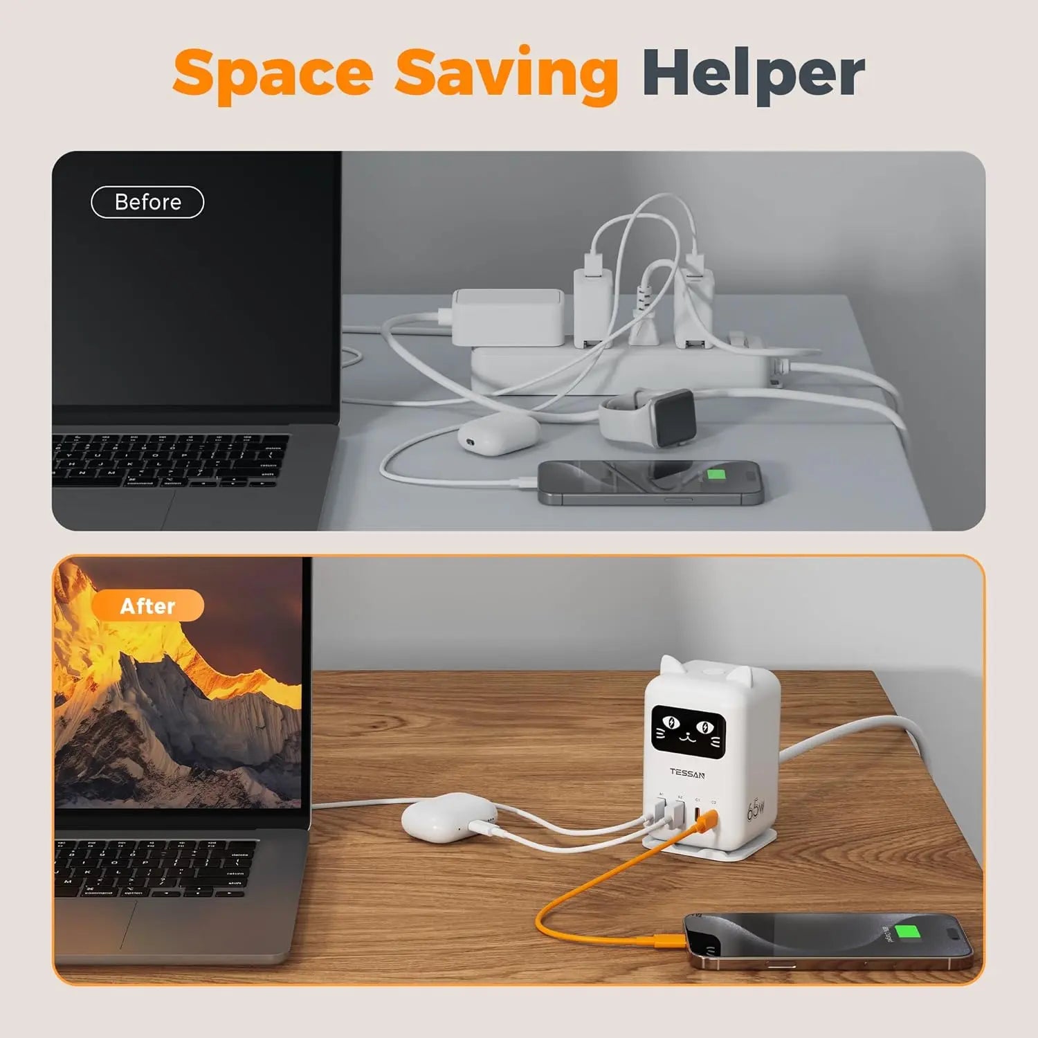Cute Cat Charging Station – 65W PD USB-C Desktop Charger with 4 USB Ports, Compact Multi-Device Fast Charging Dock for Cellphone, Laptops & Tablets