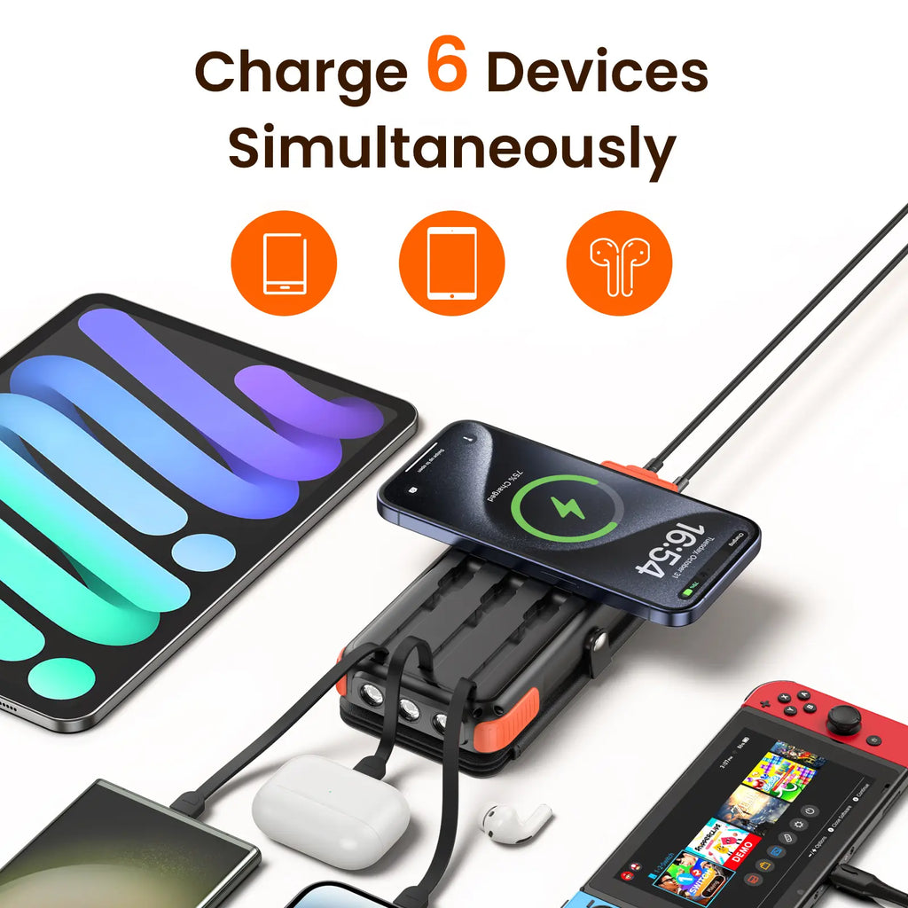 Solar Wireless Power Bank – 20W Fast Charging Portable Charger with Built-In Cables, 4 Solar Panels & Flashlight for Outdoor Camping & Travel