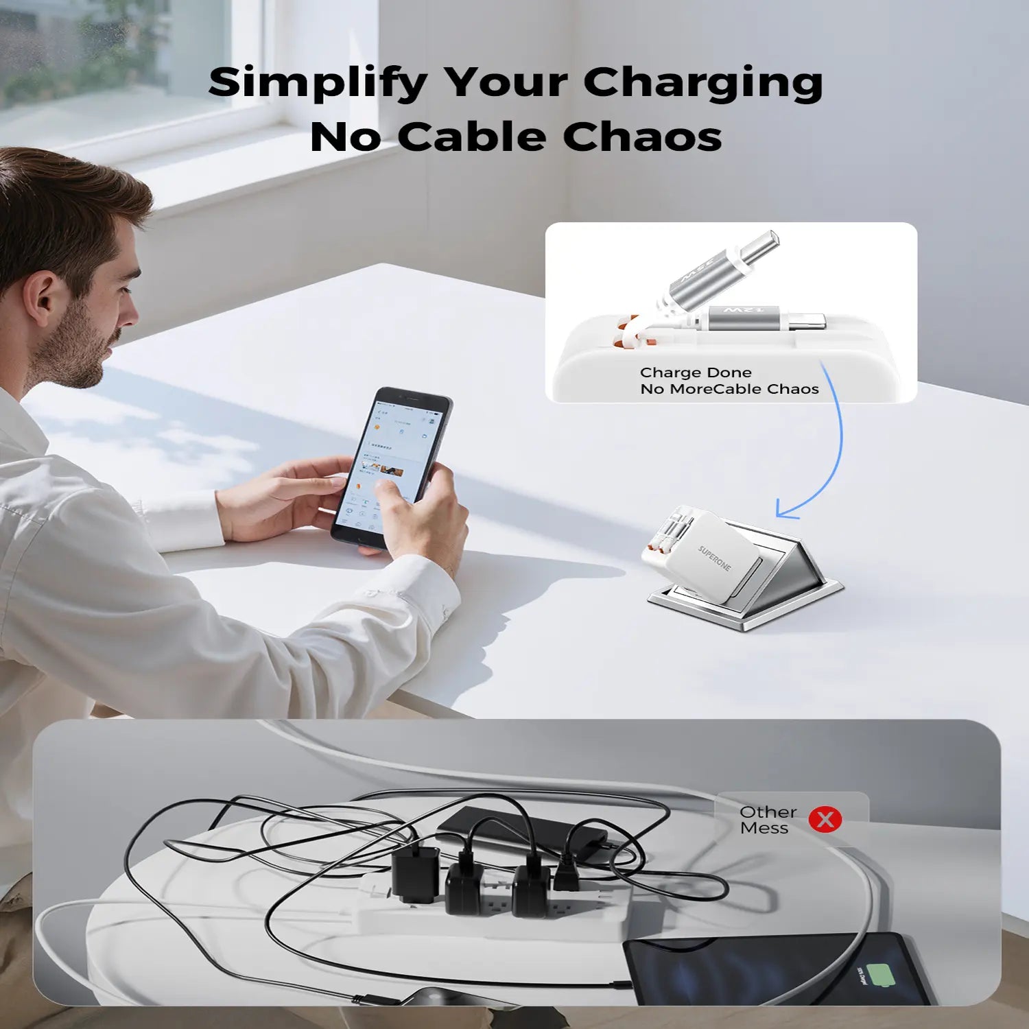 SUPERONE 4-in-1 80W Retractable Wall Charger – Foldable Plug, Dual Built-In Cables & 35W USB-C Fast Charging for iPhone & Samsung Devices