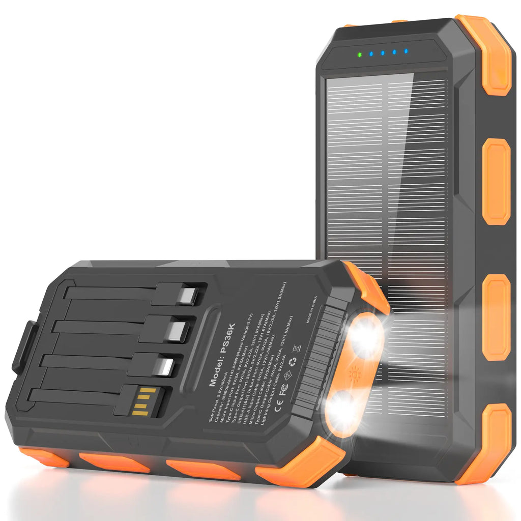 Solar Power Bank 20000–38800mAh – Portable Charger with 4 Built-In Cables, 3 Ports, USB-C Fast Charging & Dual Flashlight for Camping & Outdoor Use