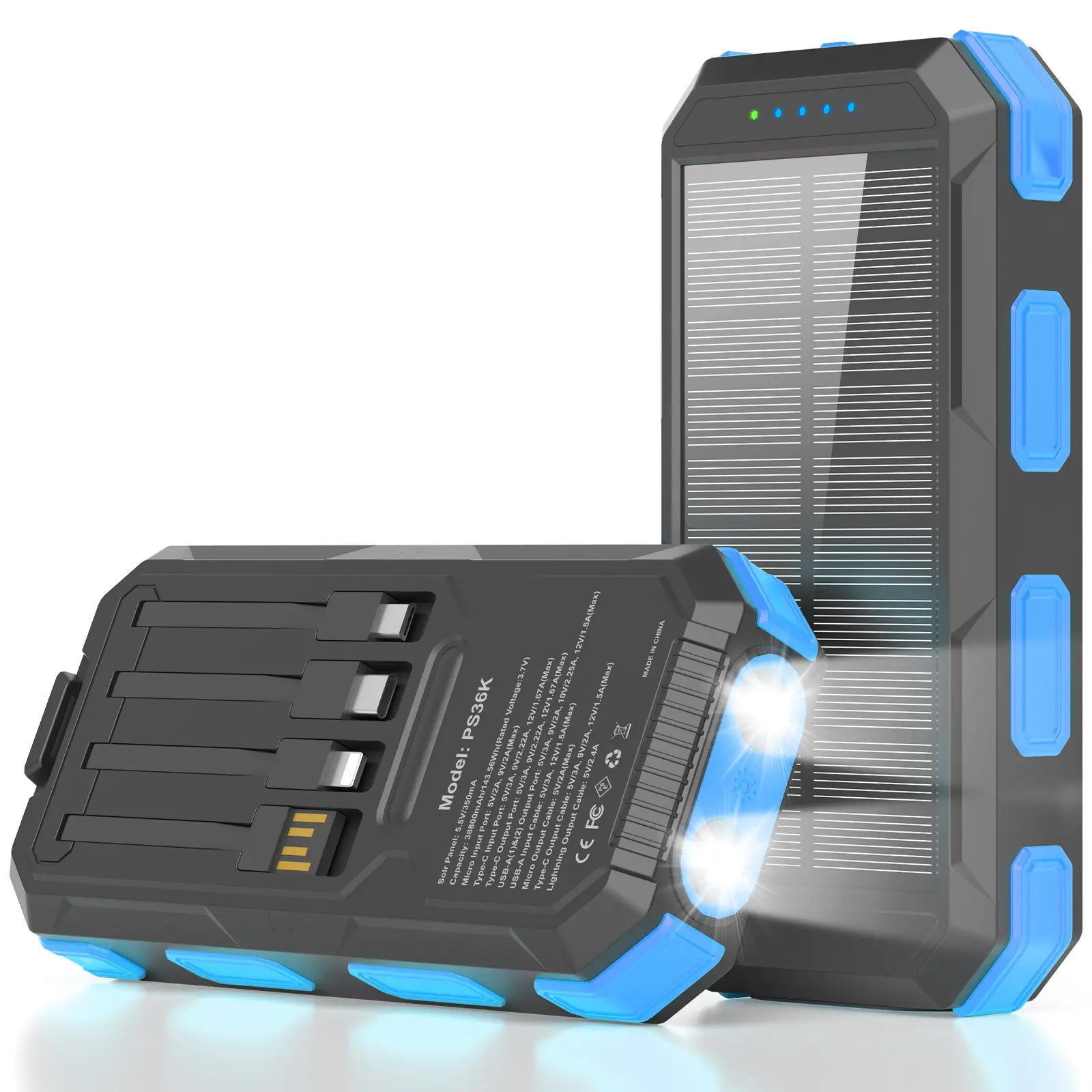 Solar Power Bank 20000–38800mAh – Portable Charger with 4 Built-In Cables, 3 Ports, USB-C Fast Charging & Dual Flashlight for Camping & Outdoor Use