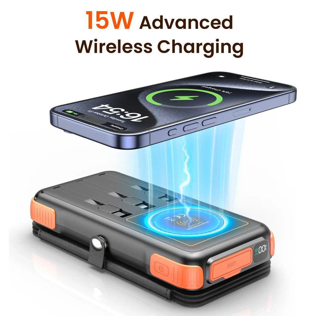 Solar Wireless Power Bank – 20W Fast Charging Portable Charger with Built-In Cables, 4 Solar Panels & Flashlight for Outdoor Camping & Travel