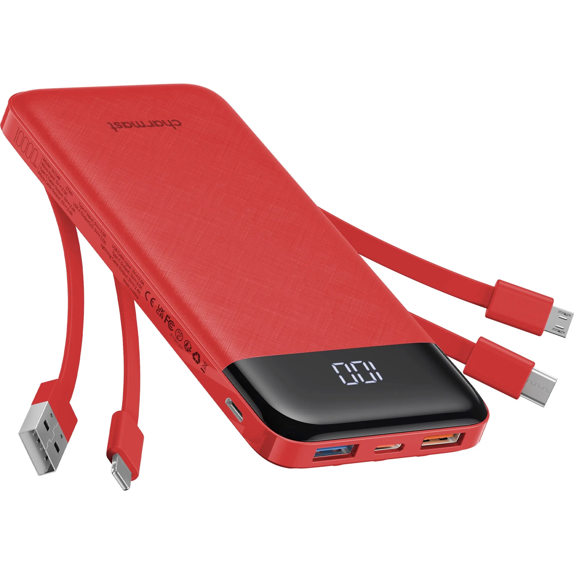 Charmast 10000mAh Slim Power Bank – Built-In Cables, 6 Outputs, 3 Inputs, 3A Fast Charging for iPhone, Android & Tablets