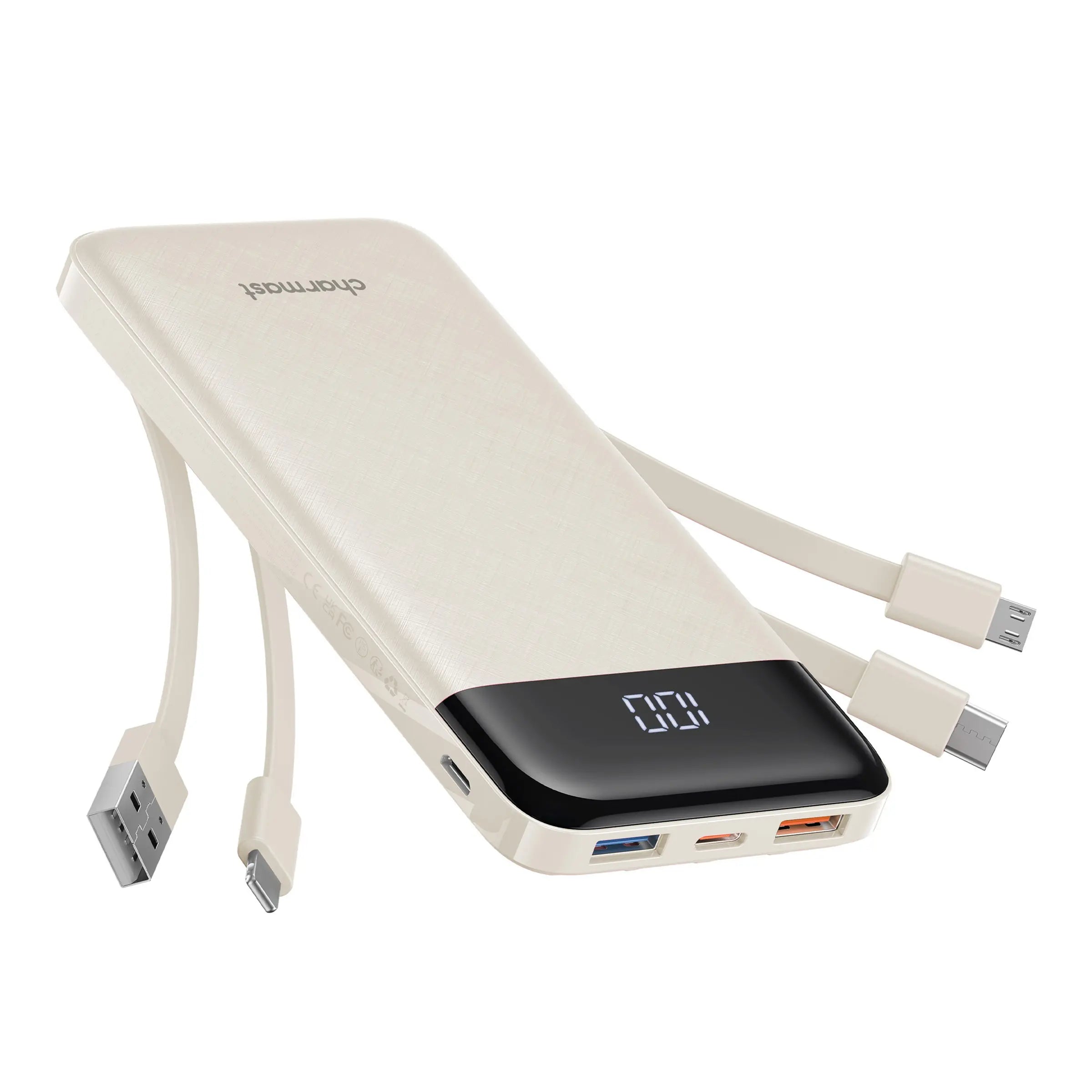 Charmast 10000mAh Slim Power Bank – Built-In Cables, 6 Outputs, 3 Inputs, 3A Fast Charging for iPhone, Android & Tablets