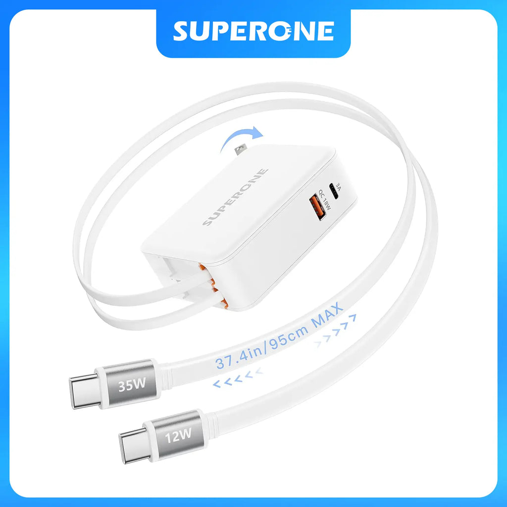 SUPERONE 4-in-1 80W Retractable Wall Charger – Foldable Plug, Dual Built-In Cables & 35W USB-C Fast Charging for iPhone & Samsung Devices