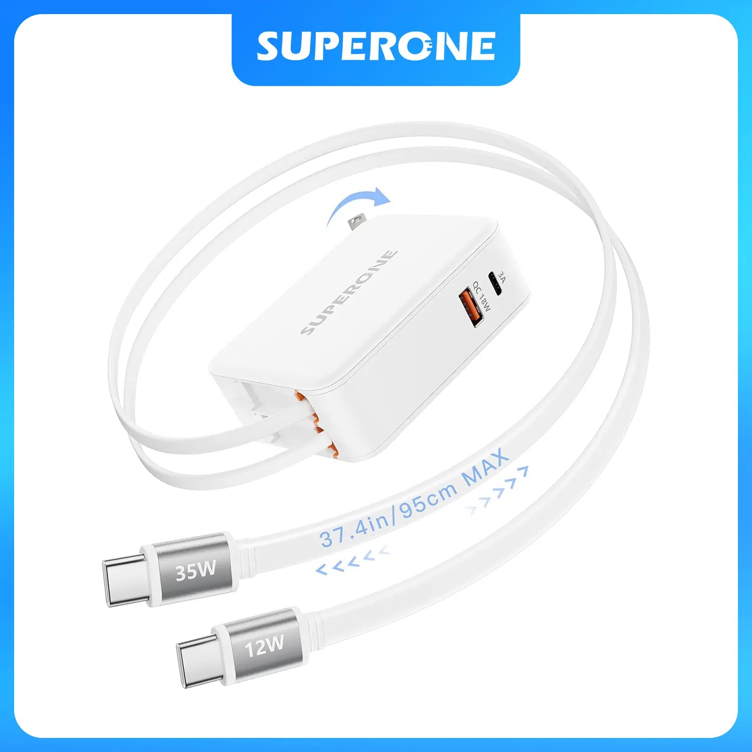 SUPERONE 4-in-1 80W Retractable Wall Charger – Foldable Plug, Dual Built-In Cables & 35W USB-C Fast Charging for iPhone & Samsung Devices