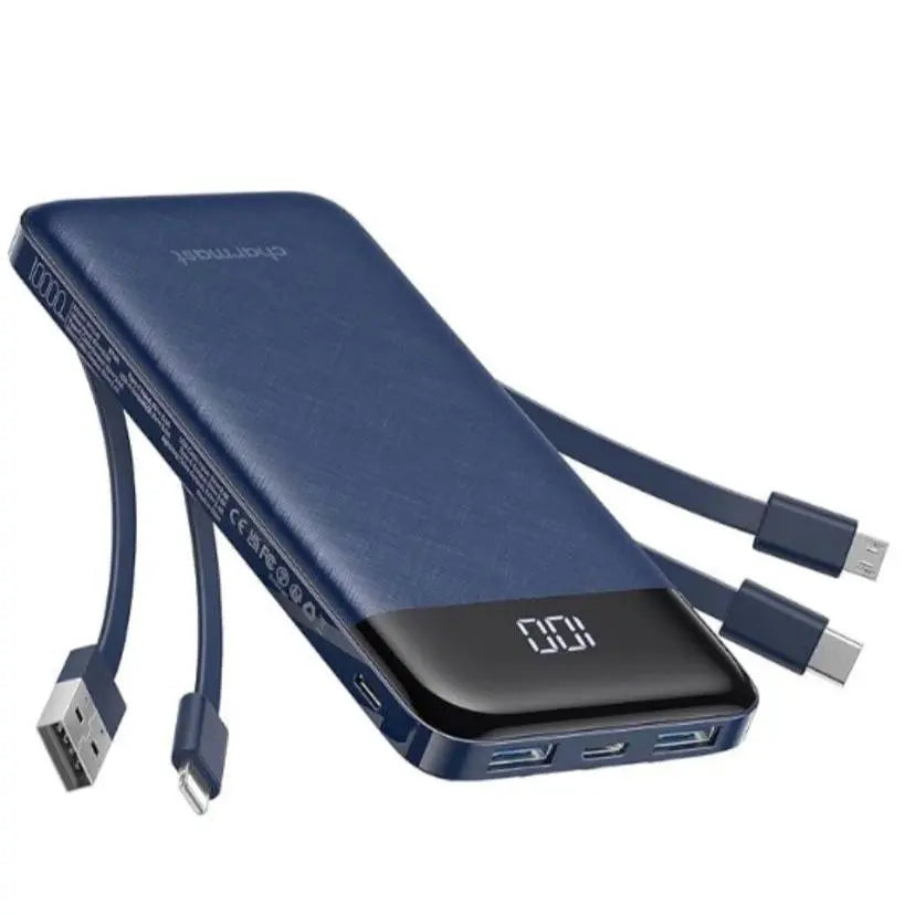 Charmast 10000mAh Slim Power Bank – Built-In Cables, 6 Outputs, 3 Inputs, 3A Fast Charging for iPhone, Android & Tablets