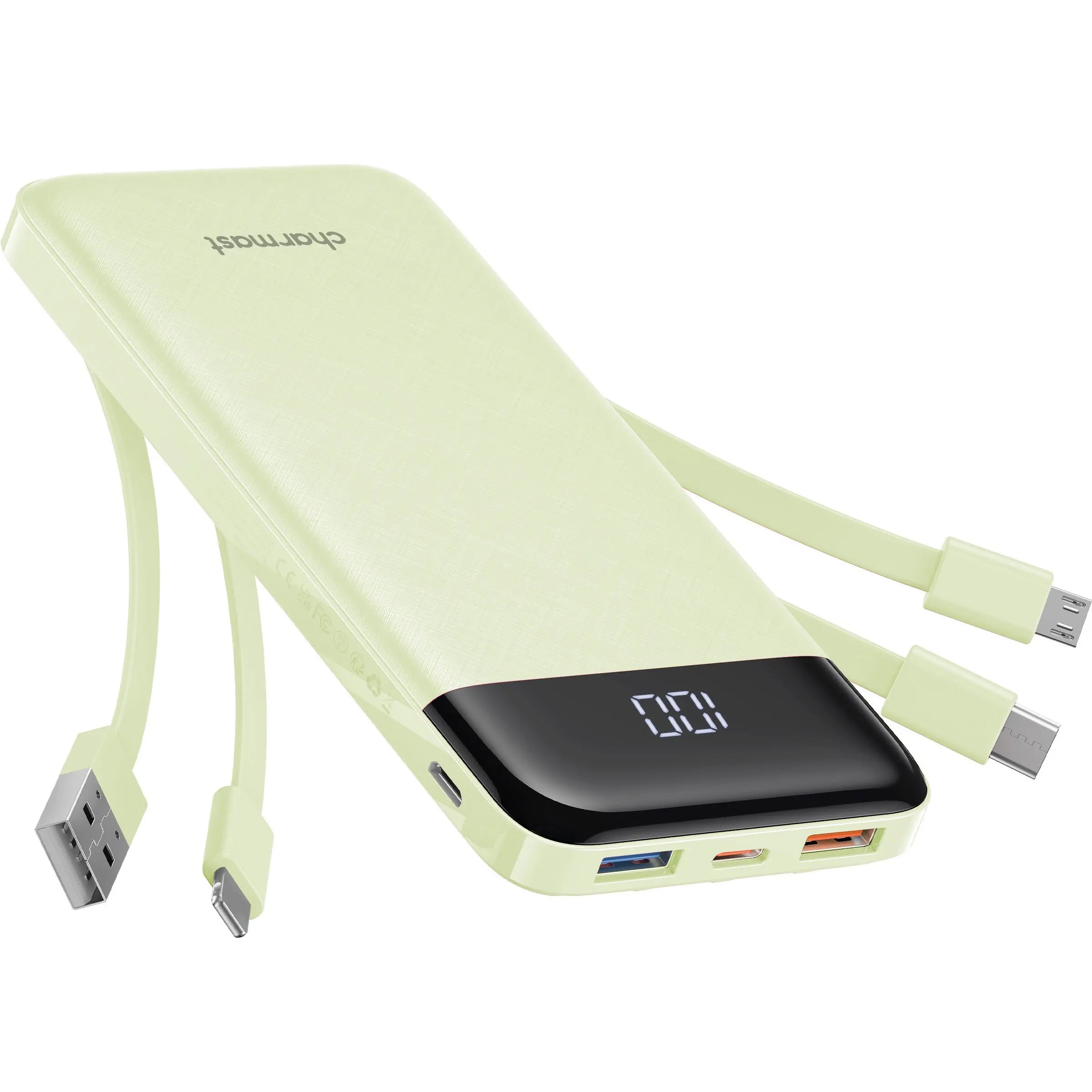 Charmast 10000mAh Slim Power Bank – Built-In Cables, 6 Outputs, 3 Inputs, 3A Fast Charging for iPhone, Android & Tablets