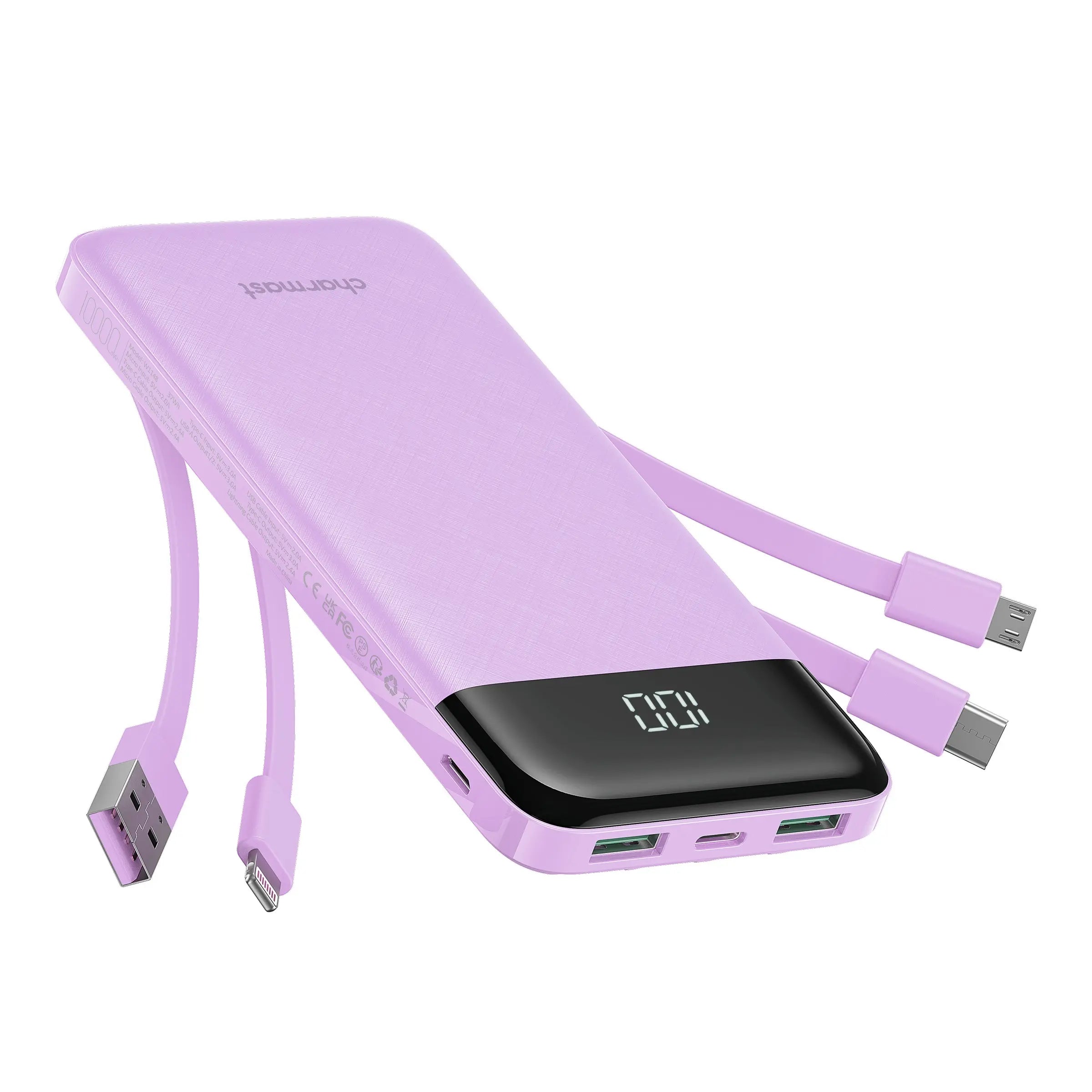 Charmast 10000mAh Slim Power Bank – Built-In Cables, 6 Outputs, 3 Inputs, 3A Fast Charging for iPhone, Android & Tablets